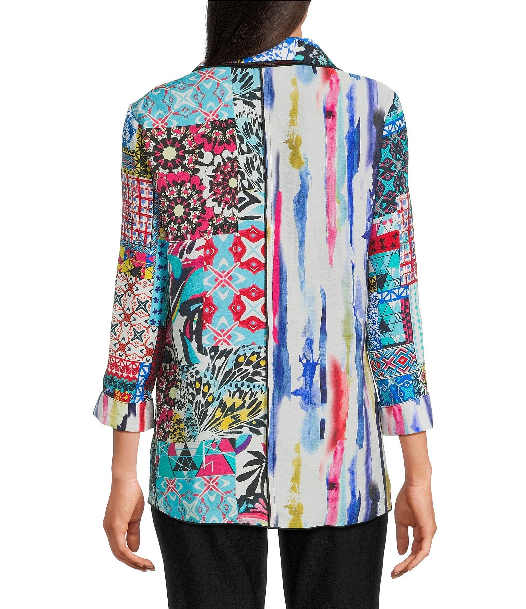 Ali Miles Woven Abstract Print Point Collar 3/4 Cuff Sleeve Button-Front Tunic