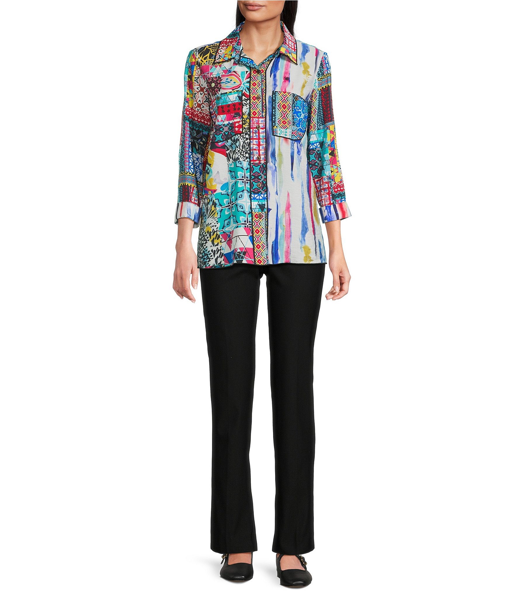 Ali Miles Woven Abstract Print Point Collar 3/4 Cuff Sleeve Button-Front Tunic