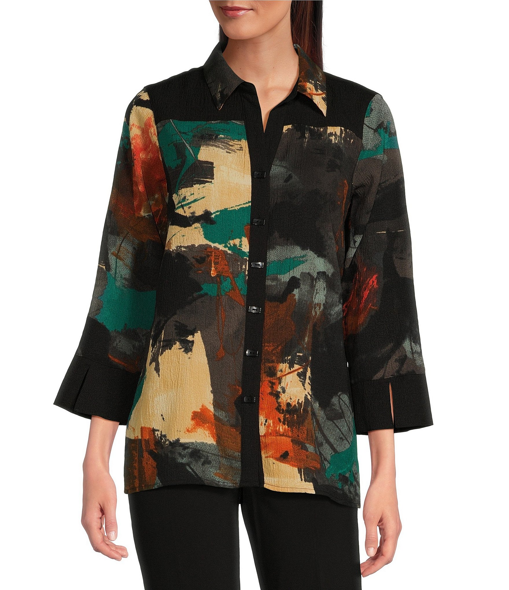 Ali Miles Woven Abstract Print Point Collar 3/4 Sleeve Button-Front Tunic