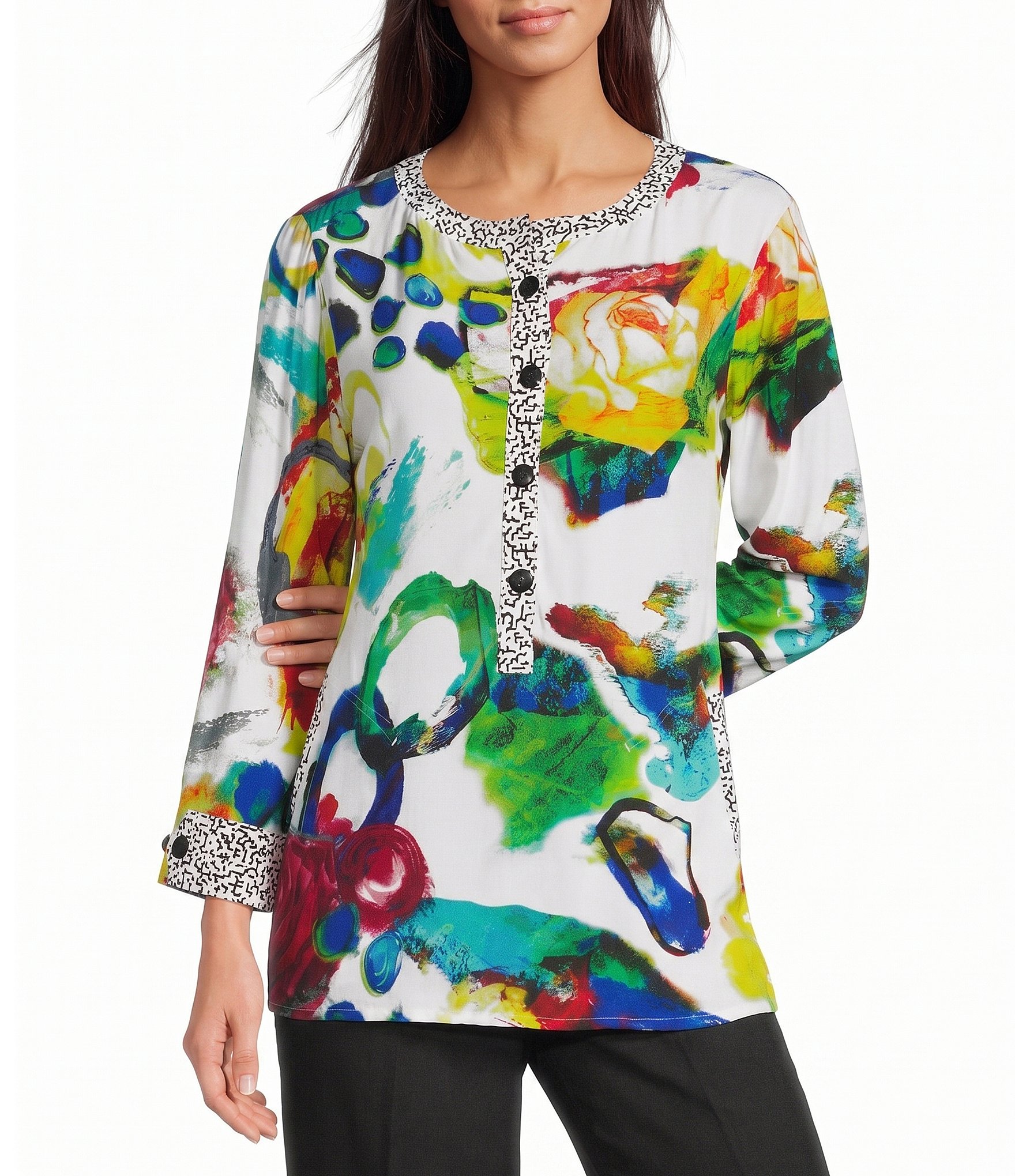 Ali Miles Woven Abstract Round Neck 3/4 Cuffed Sleeve Blouse