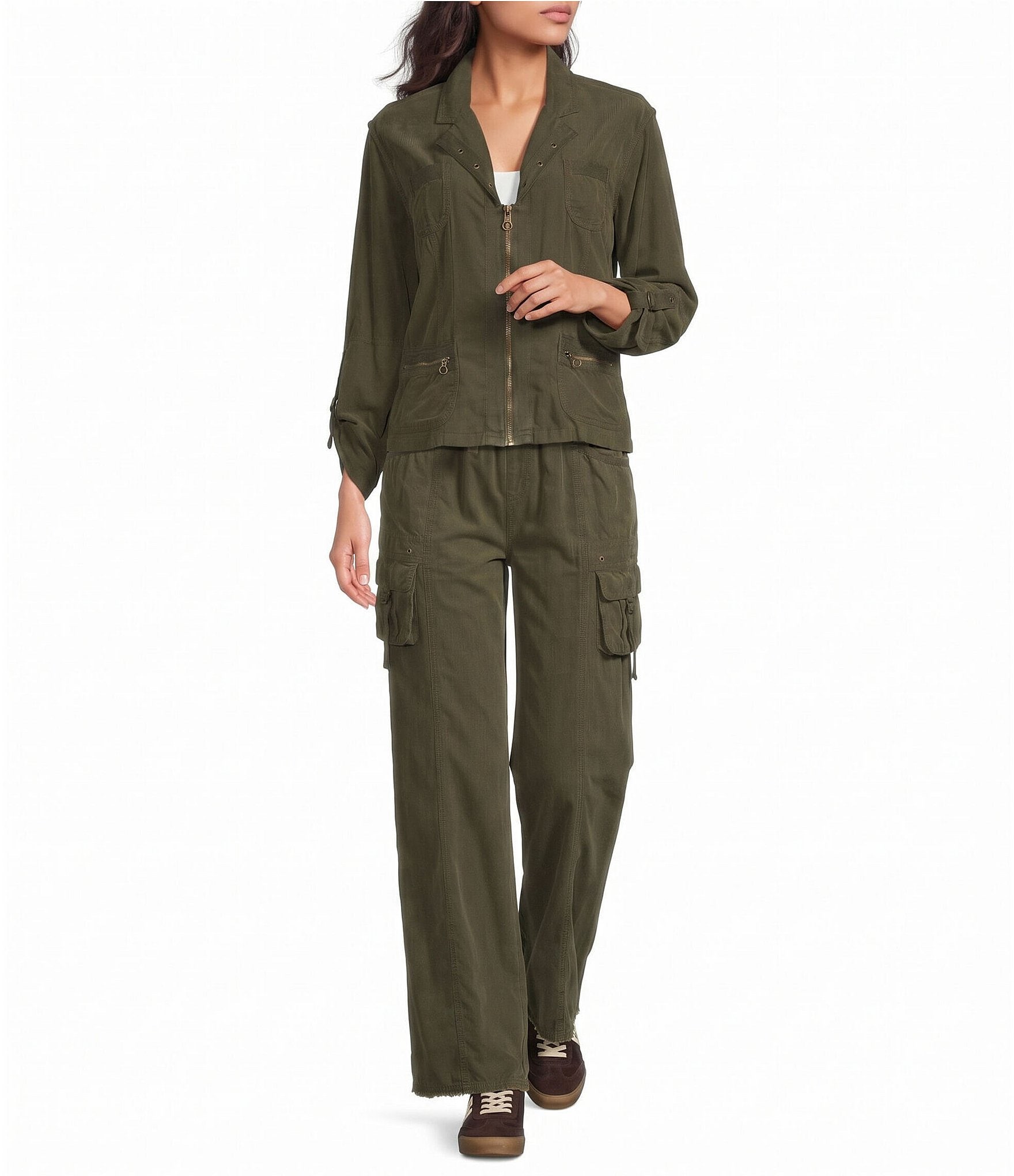 Ali Miles Woven Corduroy Wide Leg Elastic Waistband Cargo Pants