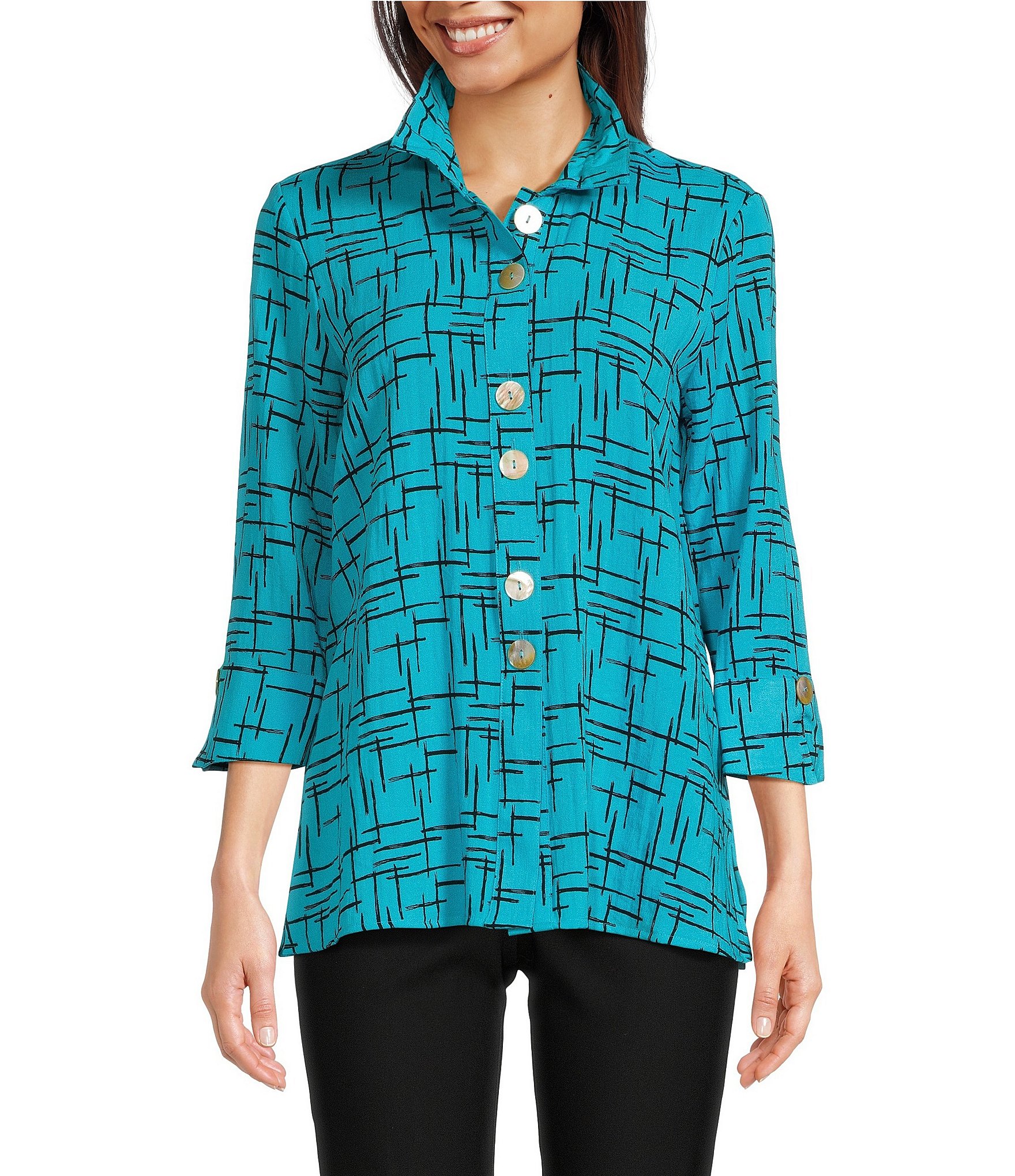 Ali Miles Woven Crinkle Wire Collar 3/4 Sleeve Button-Front Tunic ...
