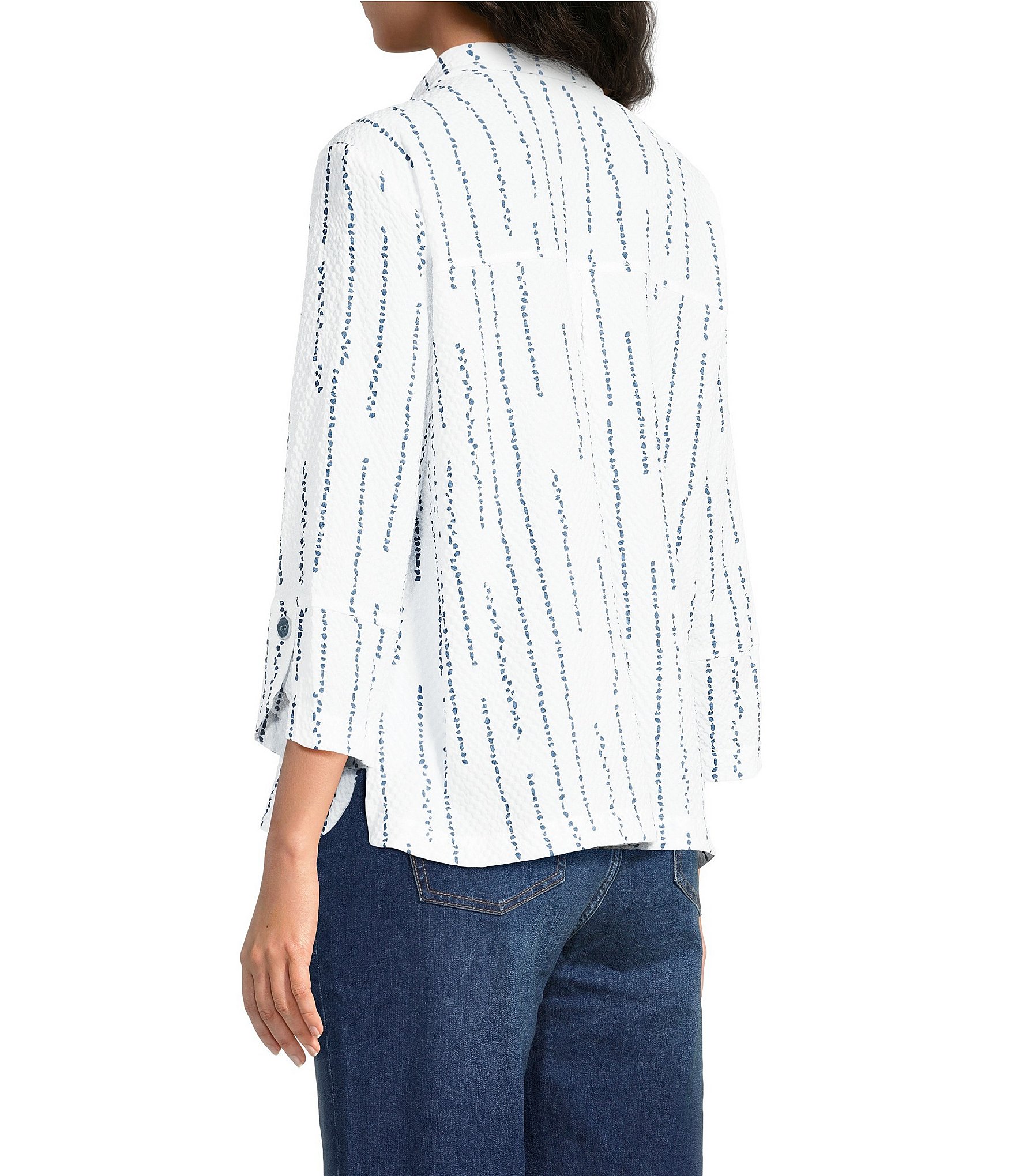 Ali Miles Woven Dotted Stripe Wire Collar 3/4 Sleeve Button-Front Shirt