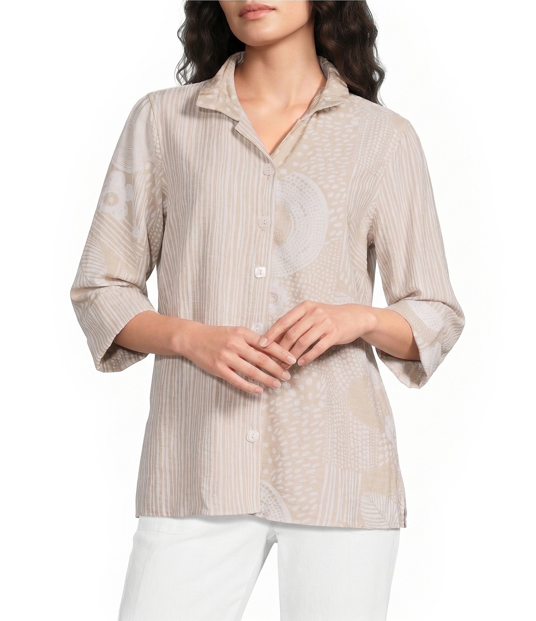 Ali Miles Woven Floral Stripe Multi Print Wire Collar 3/4 Cuffed Sleeve Tunic