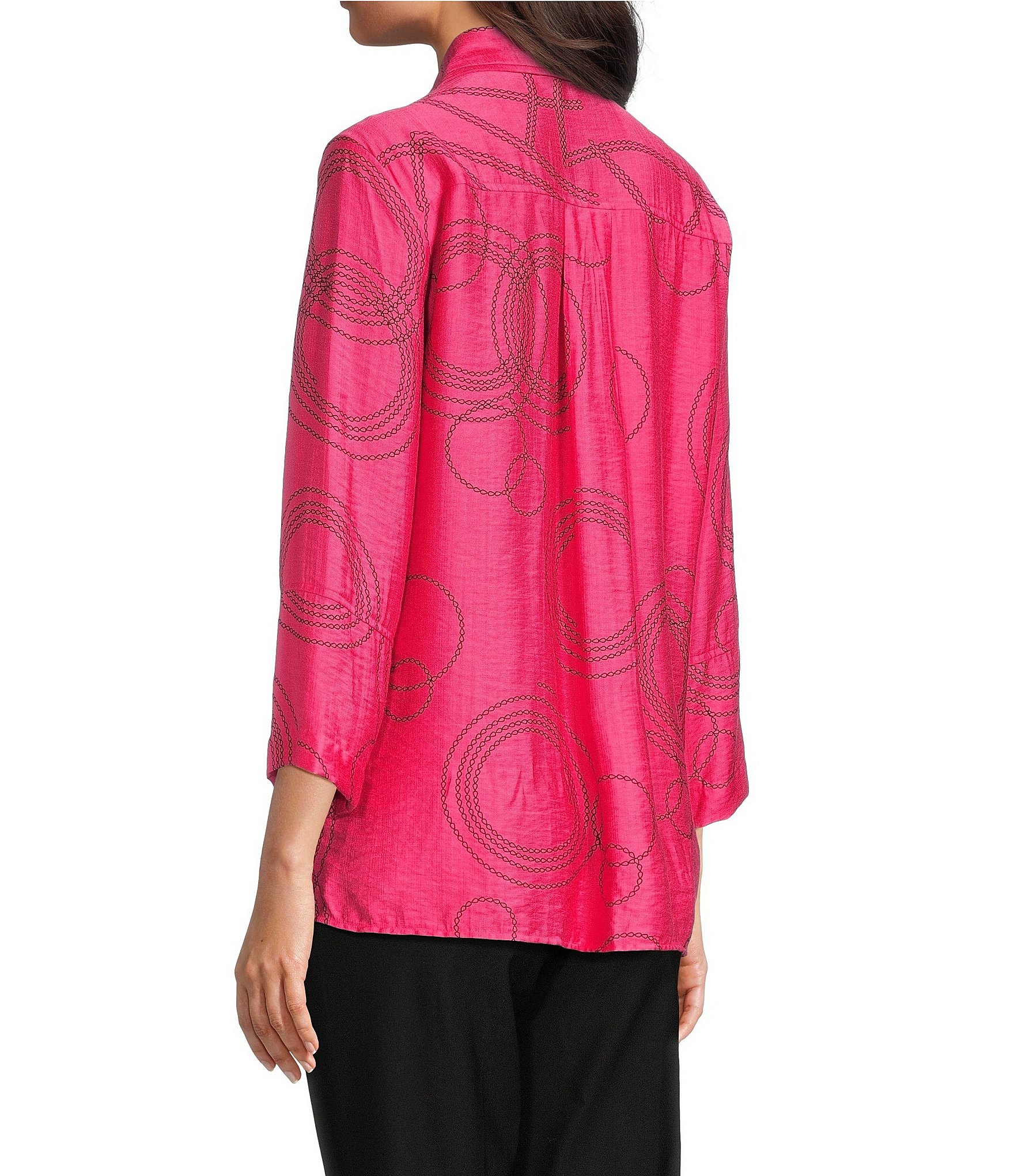 Ali Miles Woven Geometric Print Point Collar 3/4 Sleeve Button-Front Tunic