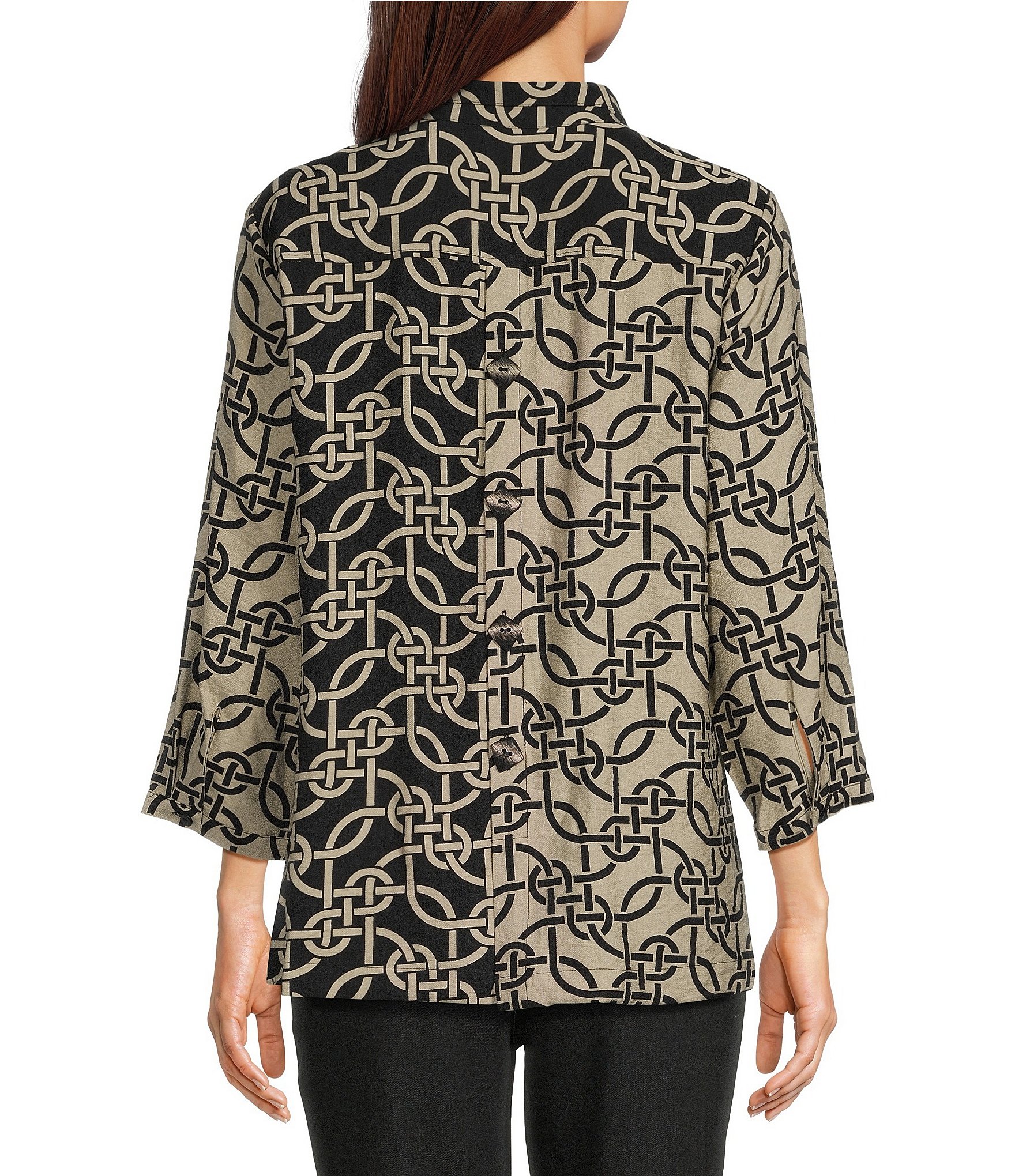 Ali Miles Woven Geometric Ruffle Mock Neck 3/4 Sleeve Button-Front Tunic