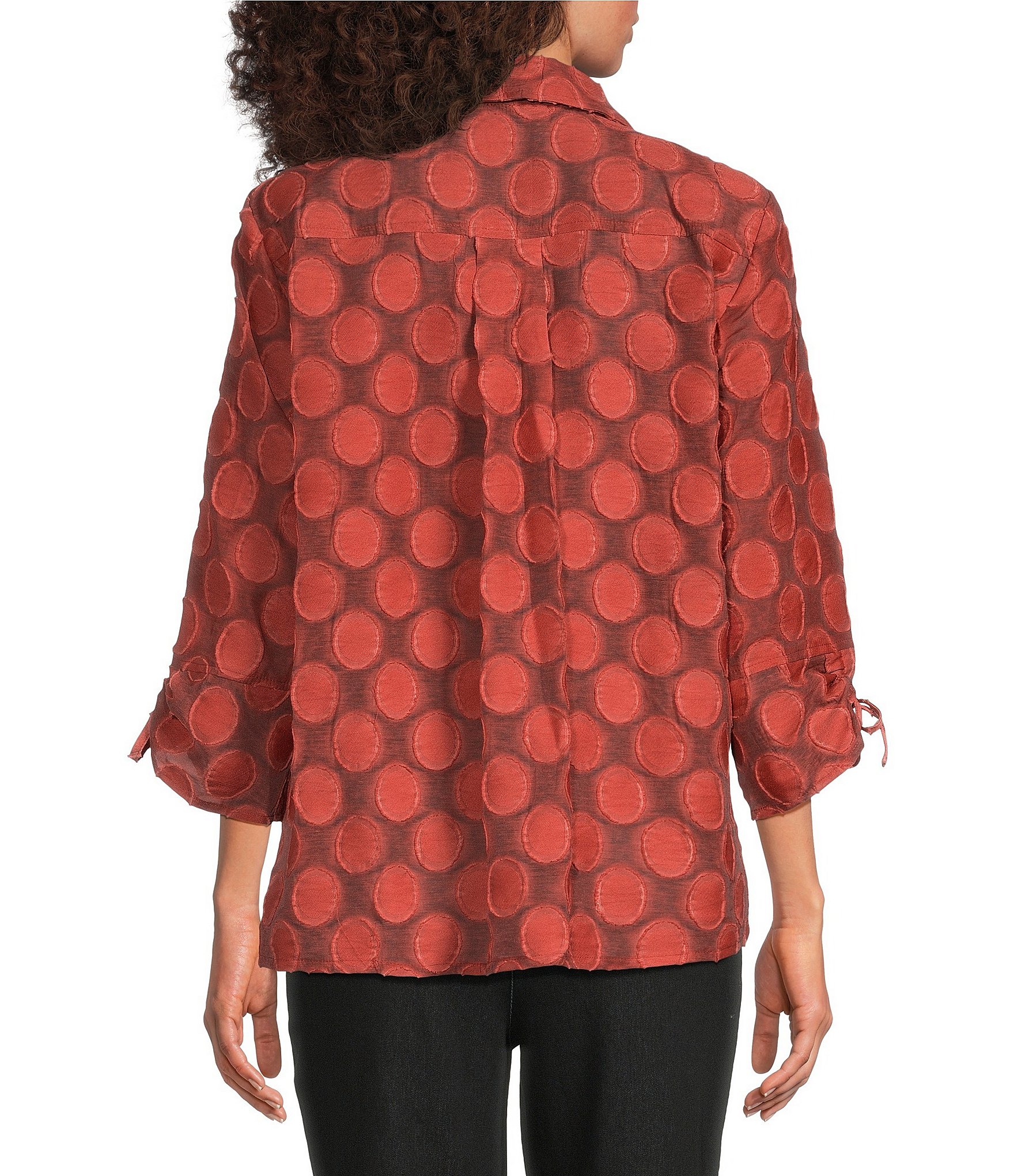 Ali Miles Woven Jacquard Allover Dot Point Collar 3/4 Cinched Sleeve Button Front Shirt