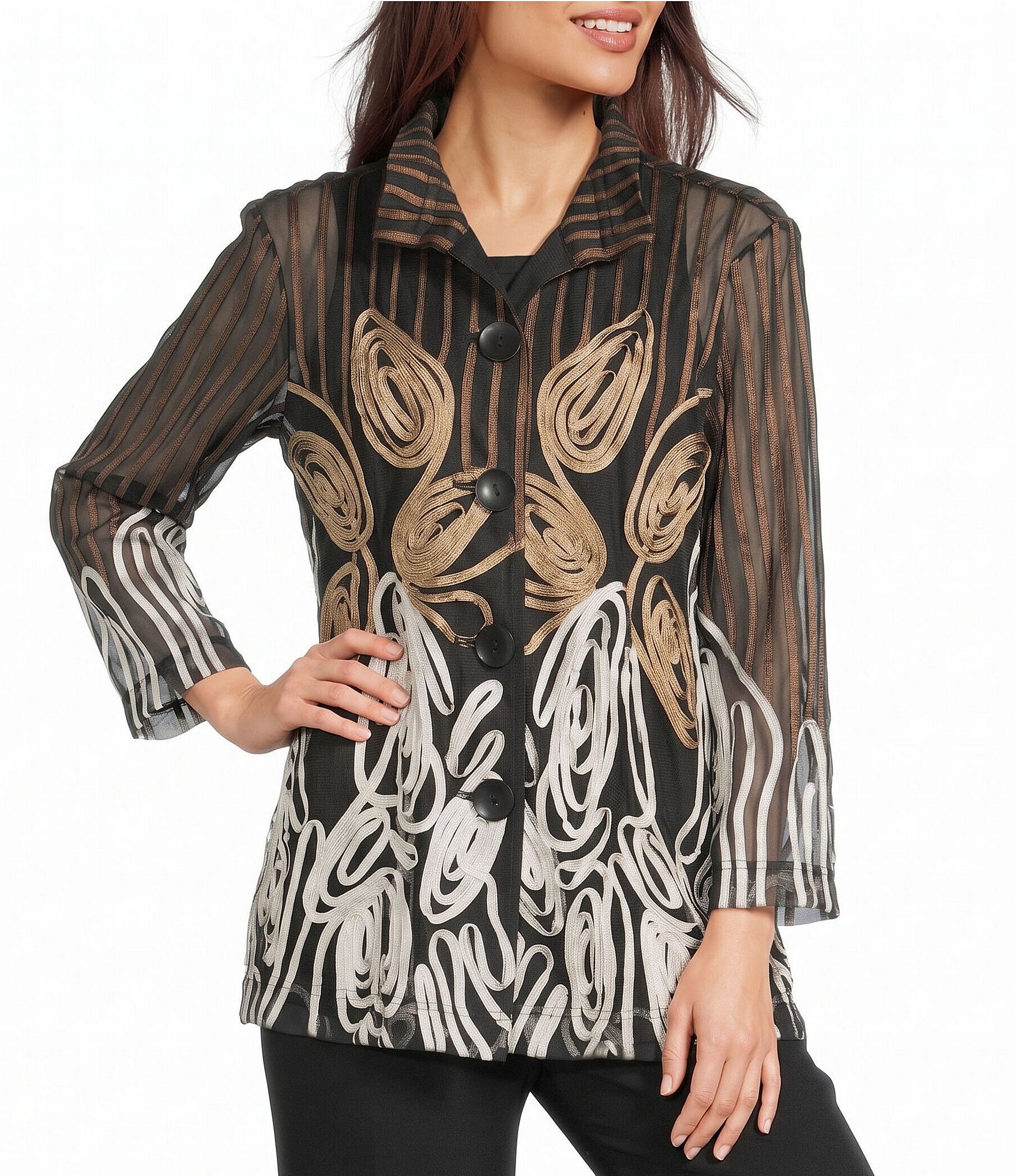 Ali Miles Woven Mesh Wire Collar 3/4 Sleeve Front Button Jacket