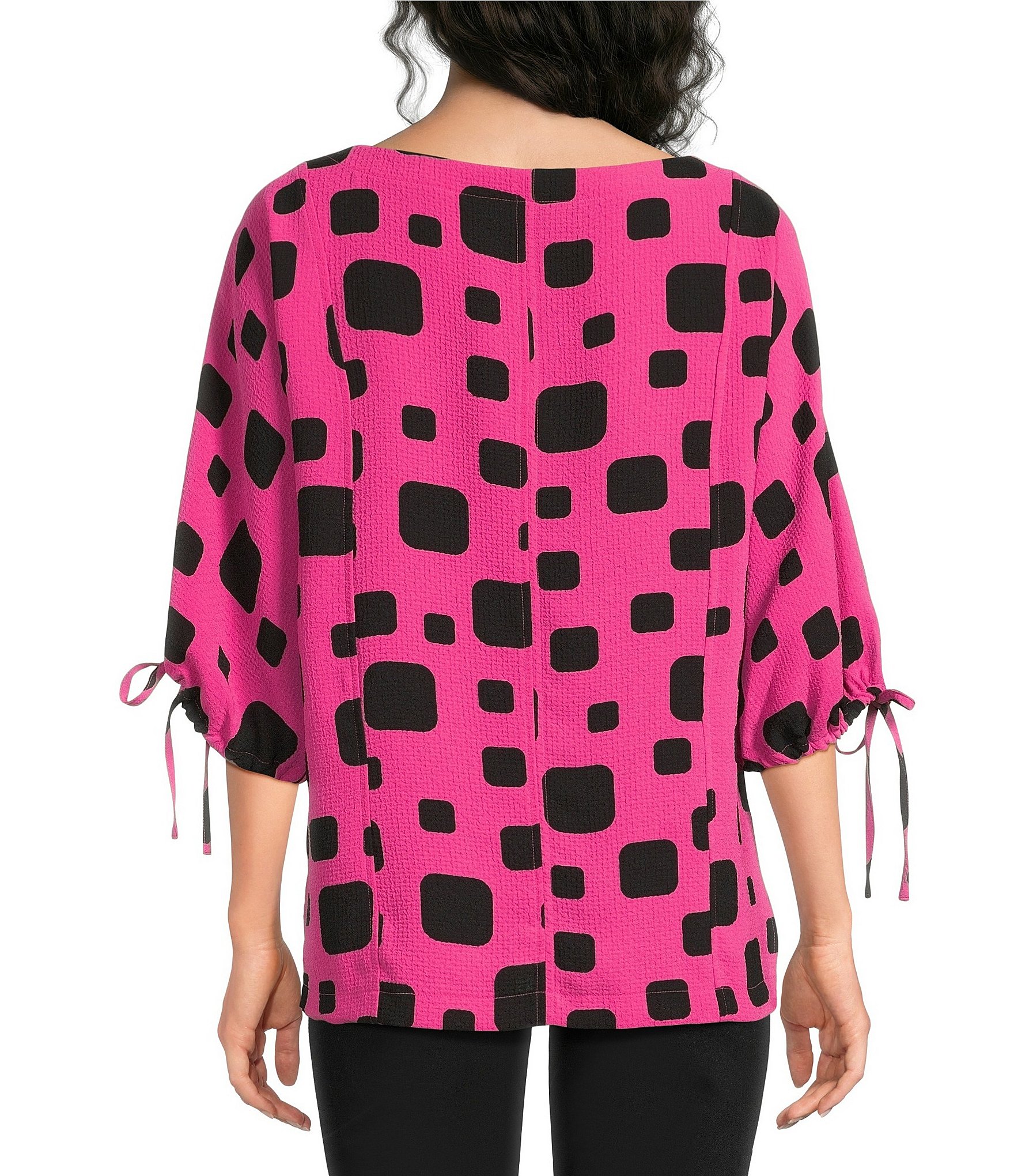 Ali Miles Woven Multi Square Print Round Neck 3/4 Sleeve Cinched Tie Cuff Pullover Top