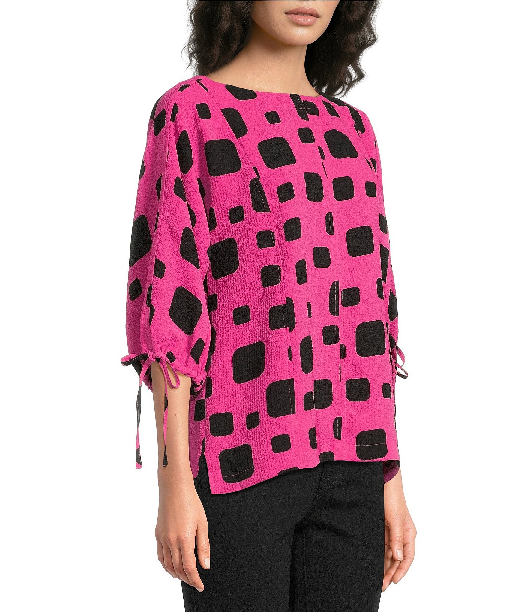 Ali Miles Woven Multi Square Print Round Neck 3/4 Sleeve Cinched Tie Cuff Pullover Top