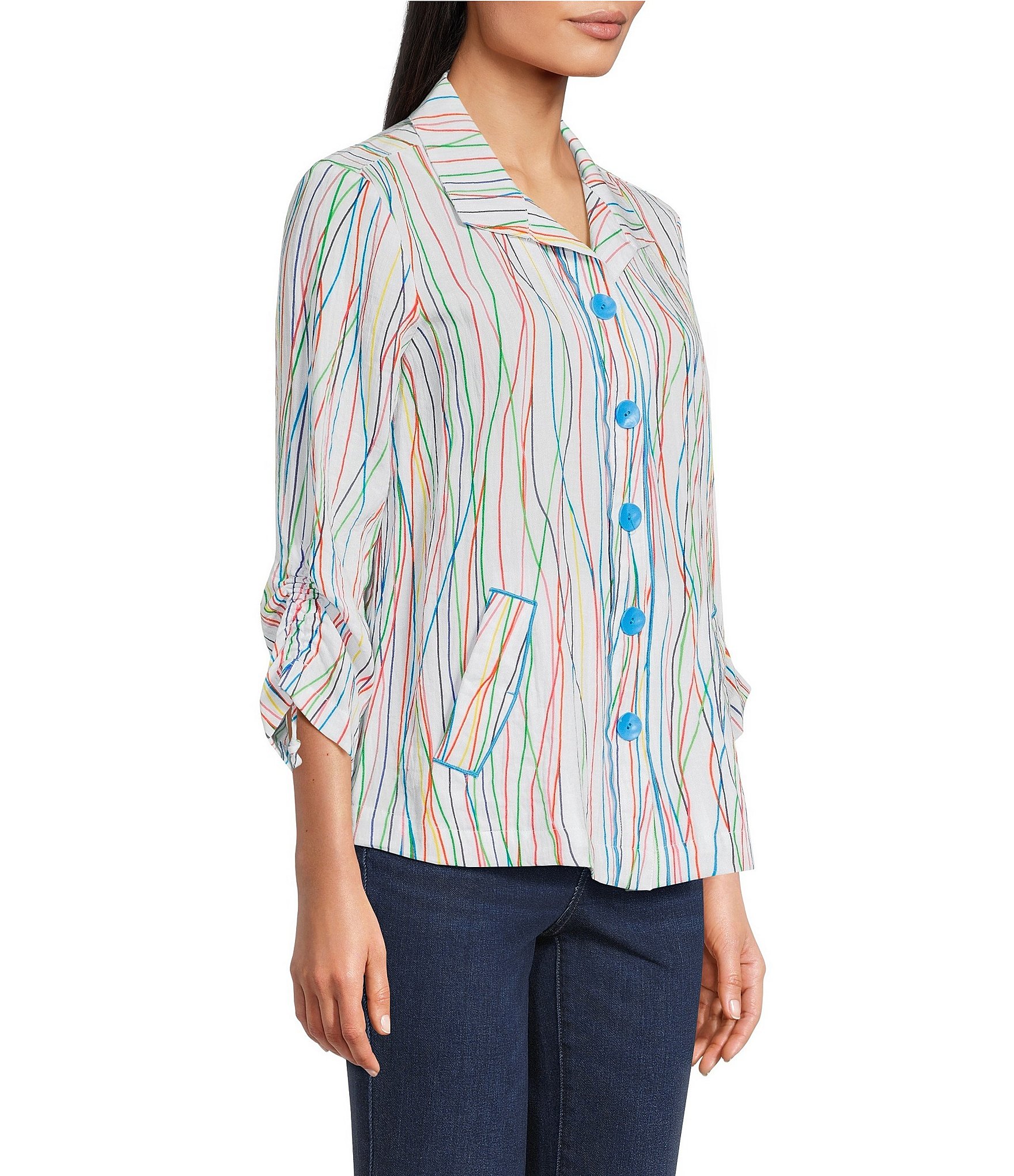 Ali Miles Woven Multi Stripe Point Collar 3/4 Cinched Tie Sleeve Button Front Tunic