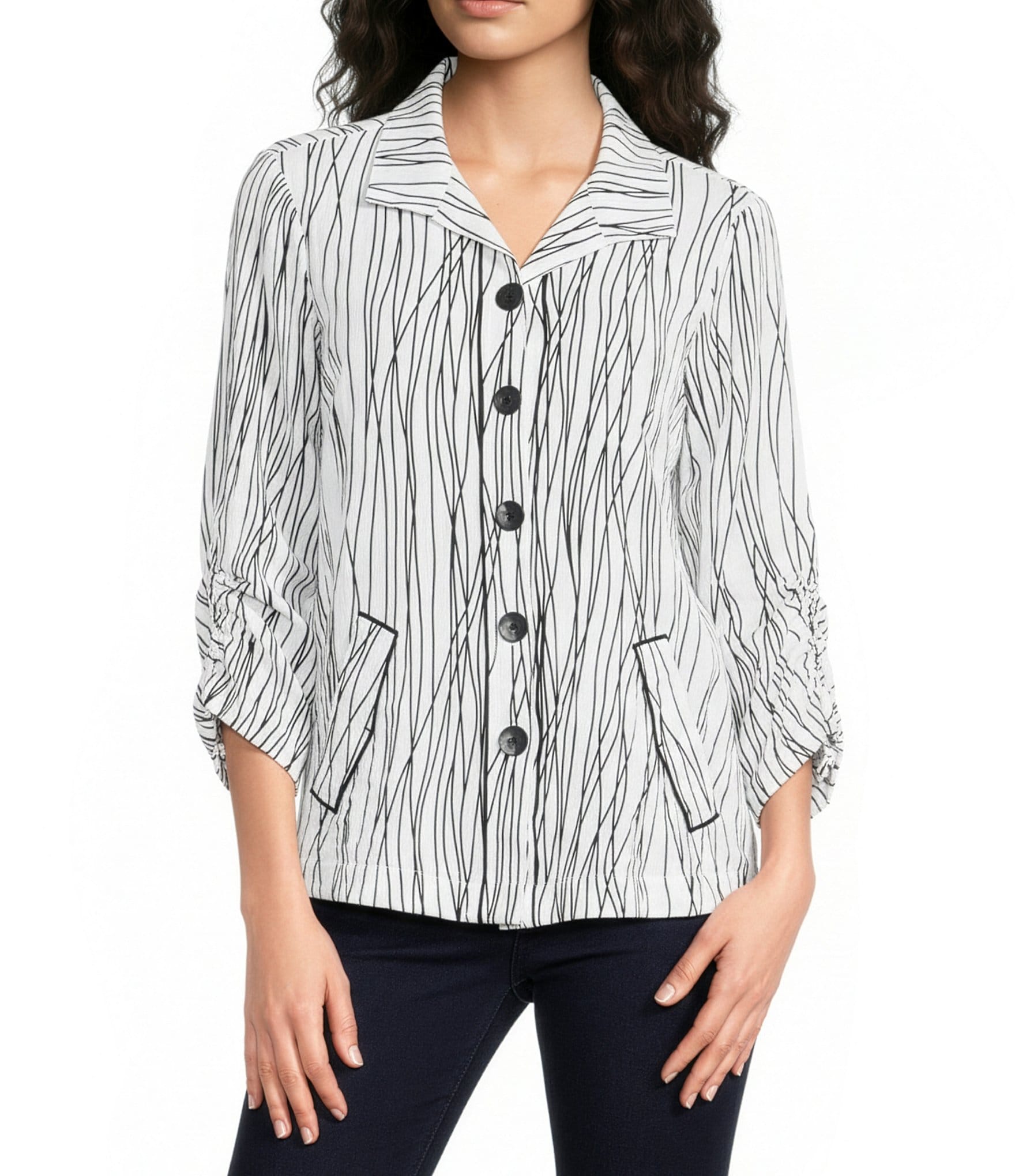 Ali Miles Woven Multi Stripe Point Collar 3/4 Cinched Tie Sleeve Button Front Tunic