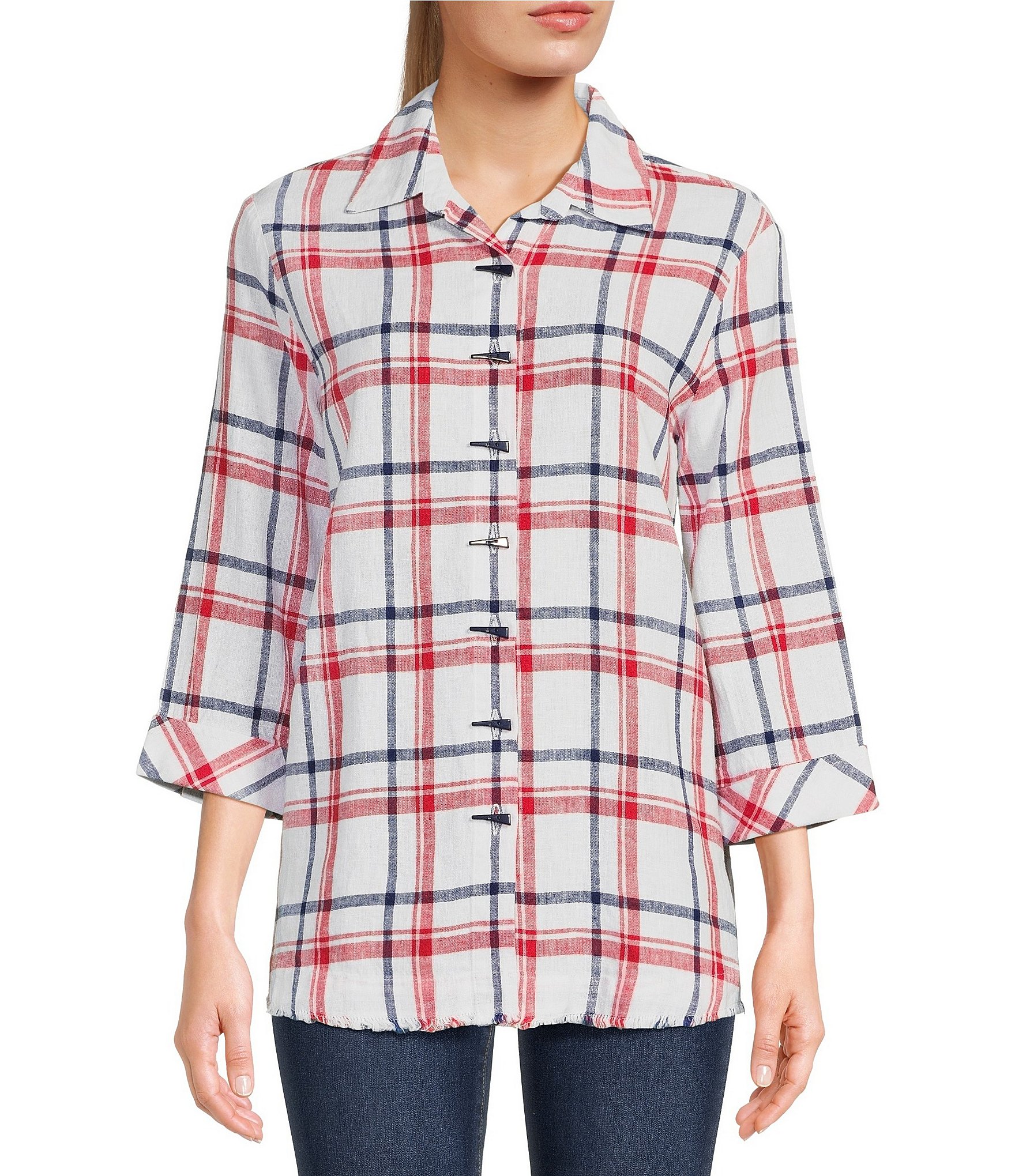 Ali Miles Woven Plaid Print Y-Neck 3/4 Cuffed Sleeve Frayed Hem Button ...