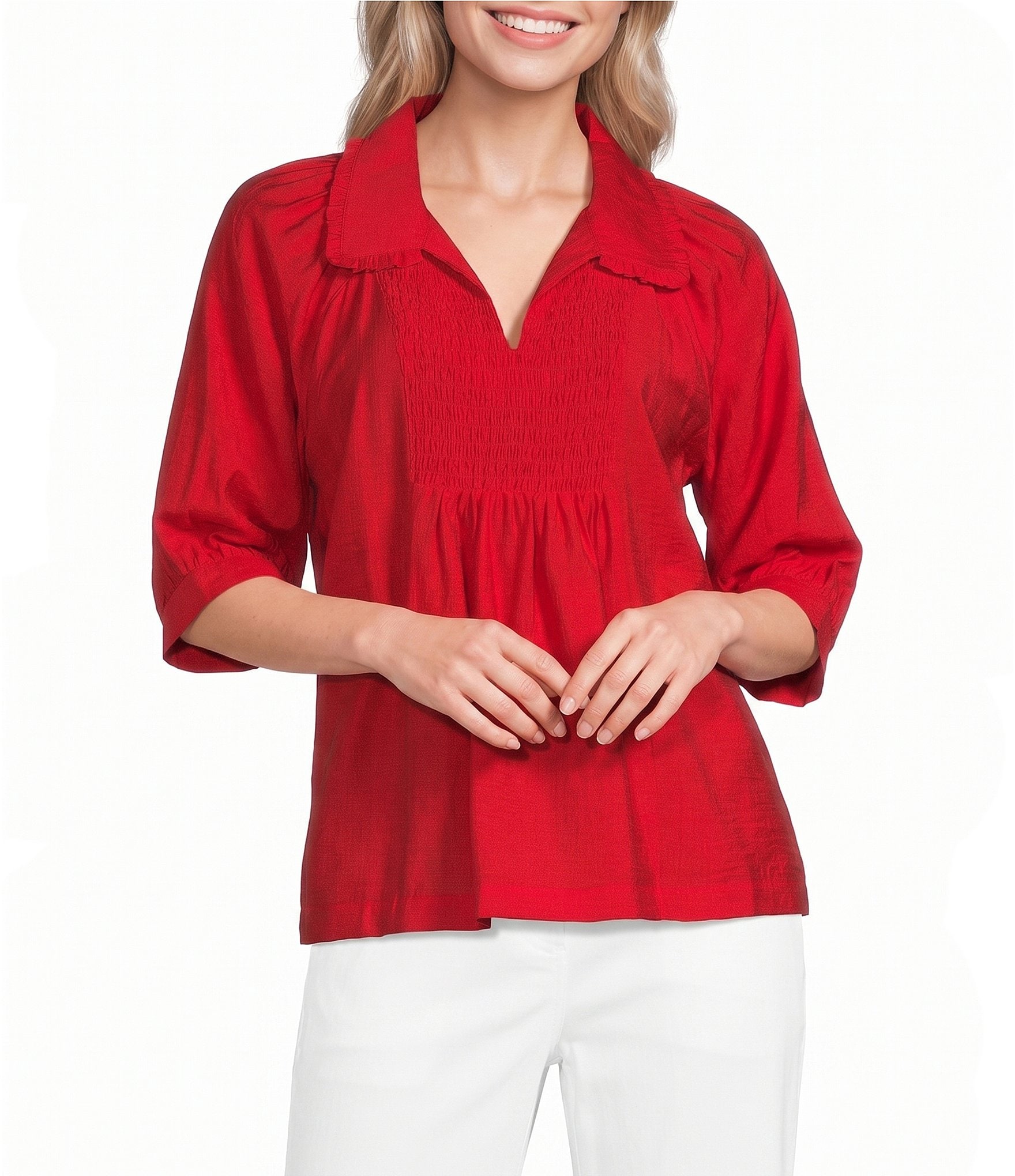 Ali Miles Woven Point Collar Shirred Split Neck Elbow Length Raglan Sleeve Popover Top