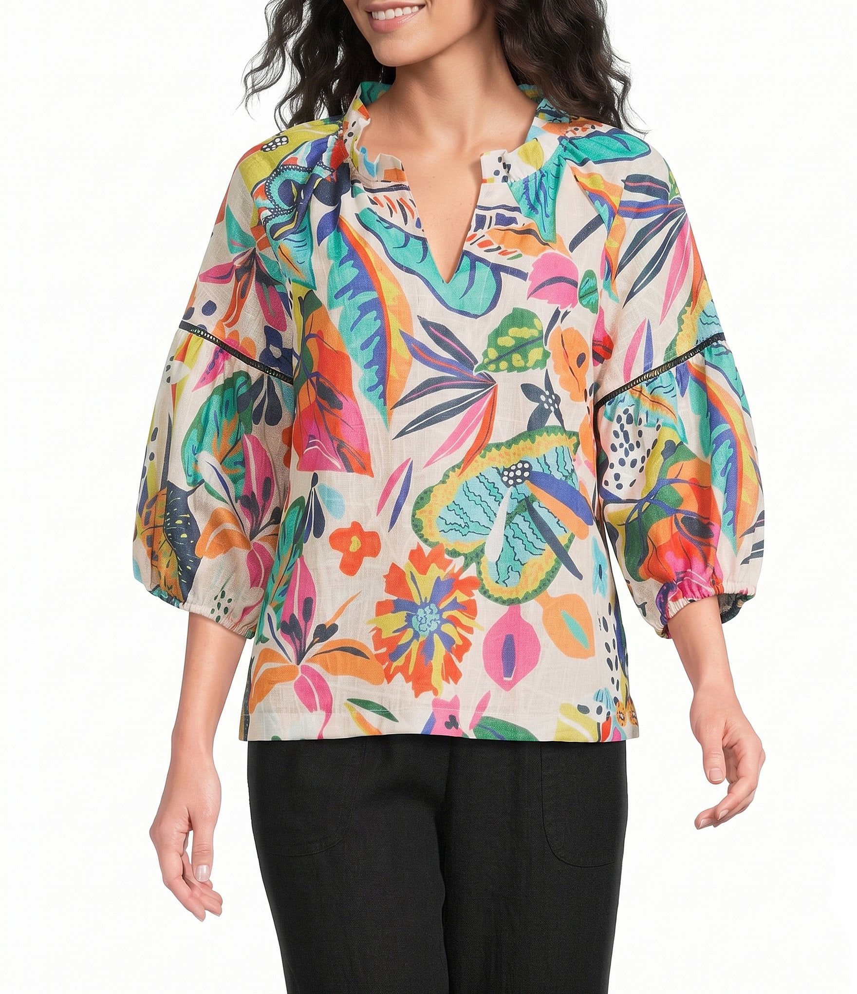 Ali Miles Woven Print Split V-Neck 3/4 Sleeve Top