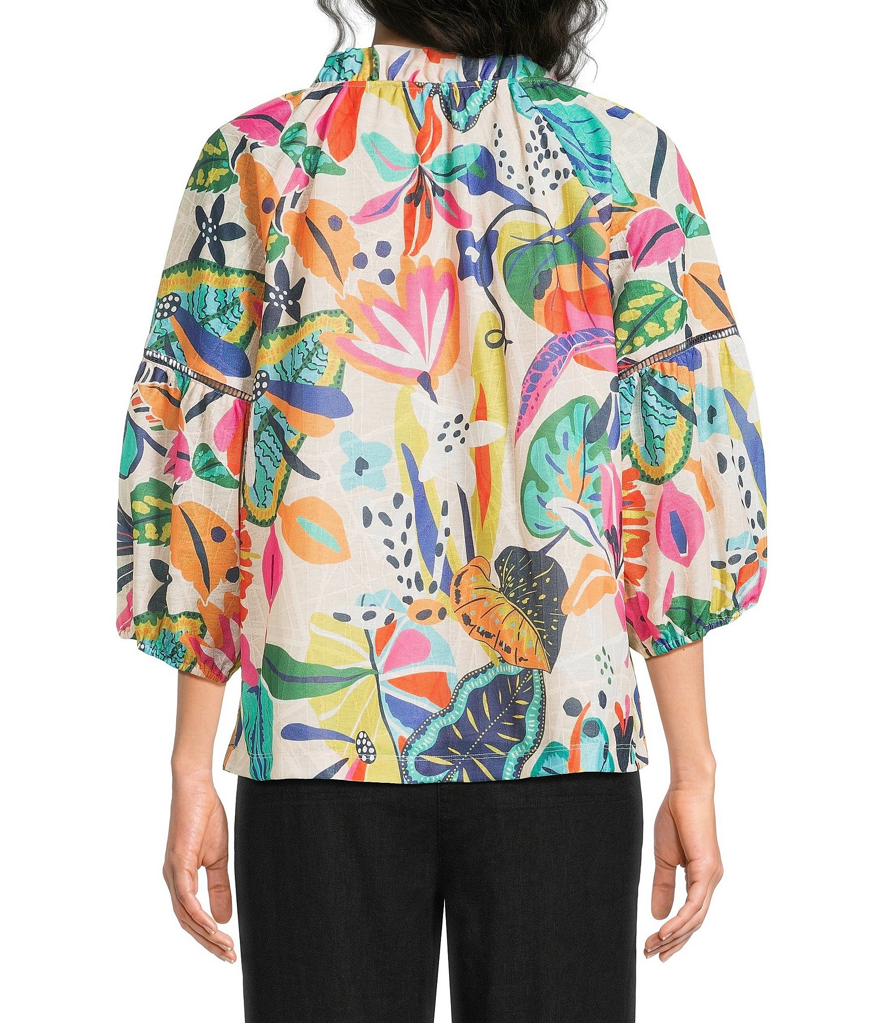 Ali Miles Woven Print Split V-Neck 3/4 Sleeve Top