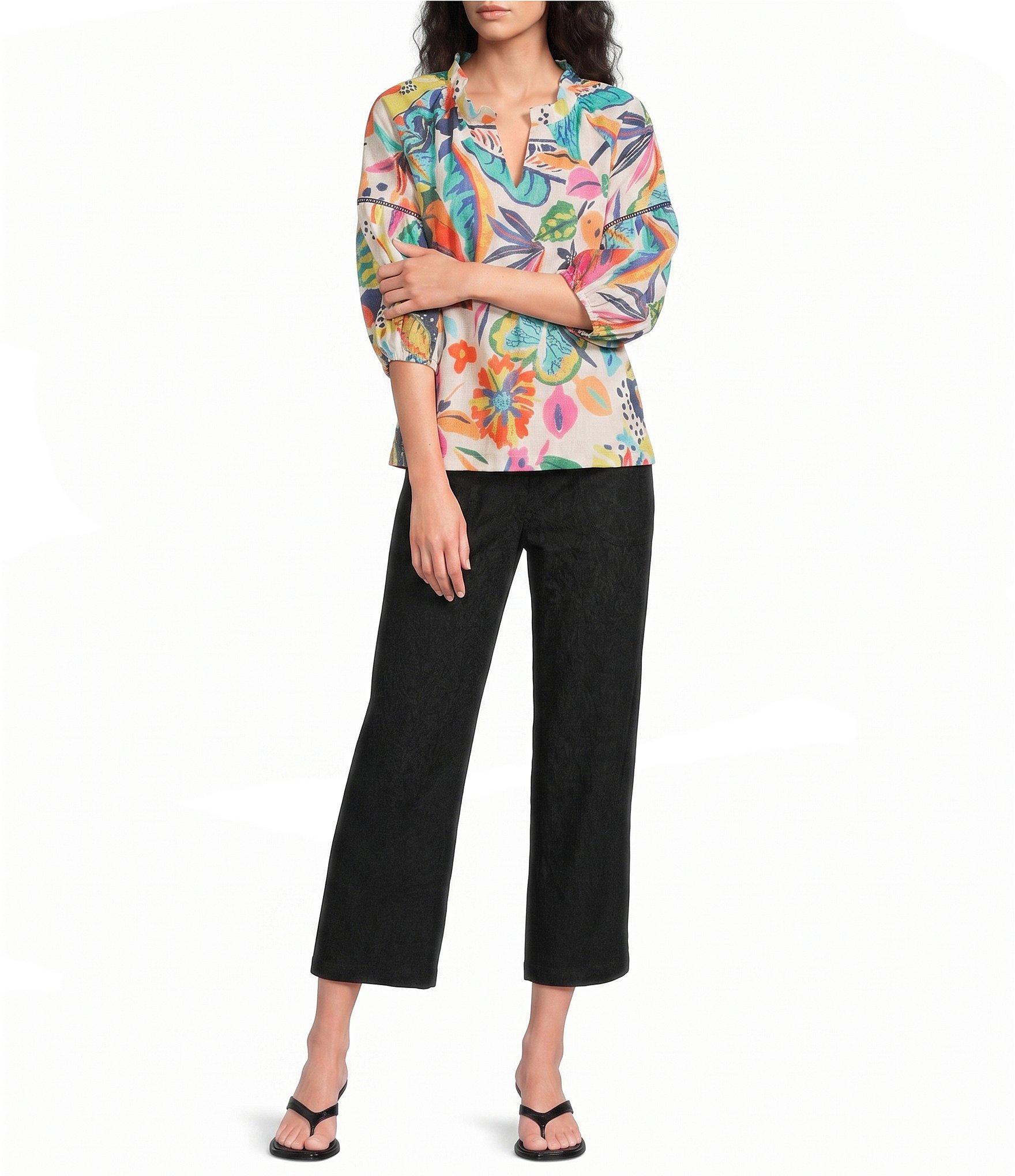 Ali Miles Woven Print Split V-Neck 3/4 Sleeve Top
