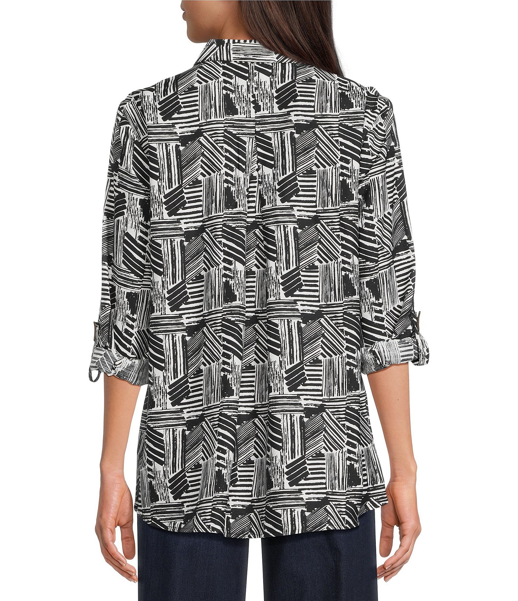 Ali Miles Woven Printed Point Collar 3/4 Roll-Tab Sleeve Button Front Tunic