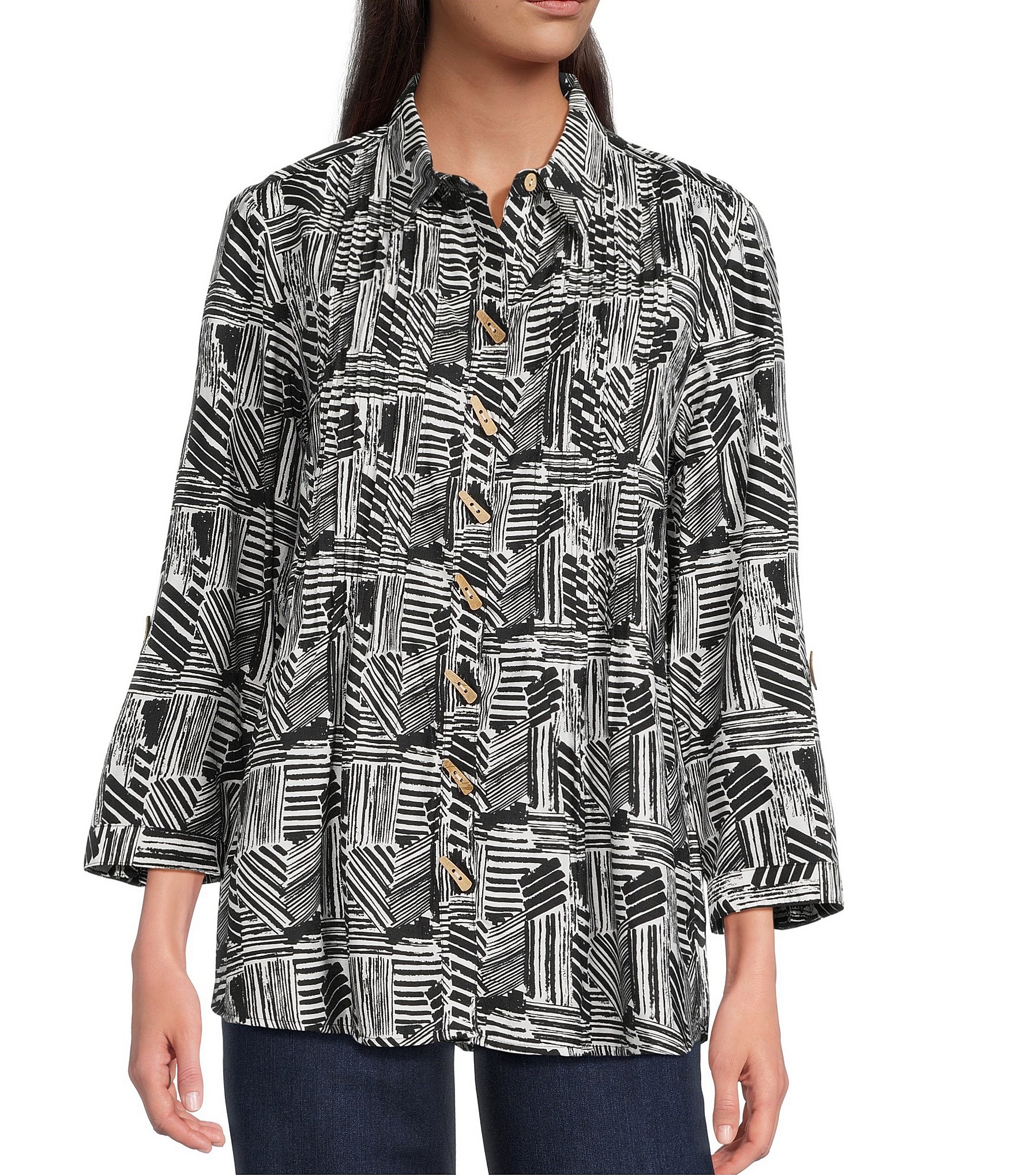 Ali Miles Woven Printed Point Collar 3/4 Roll-Tab Sleeve Button Front Tunic