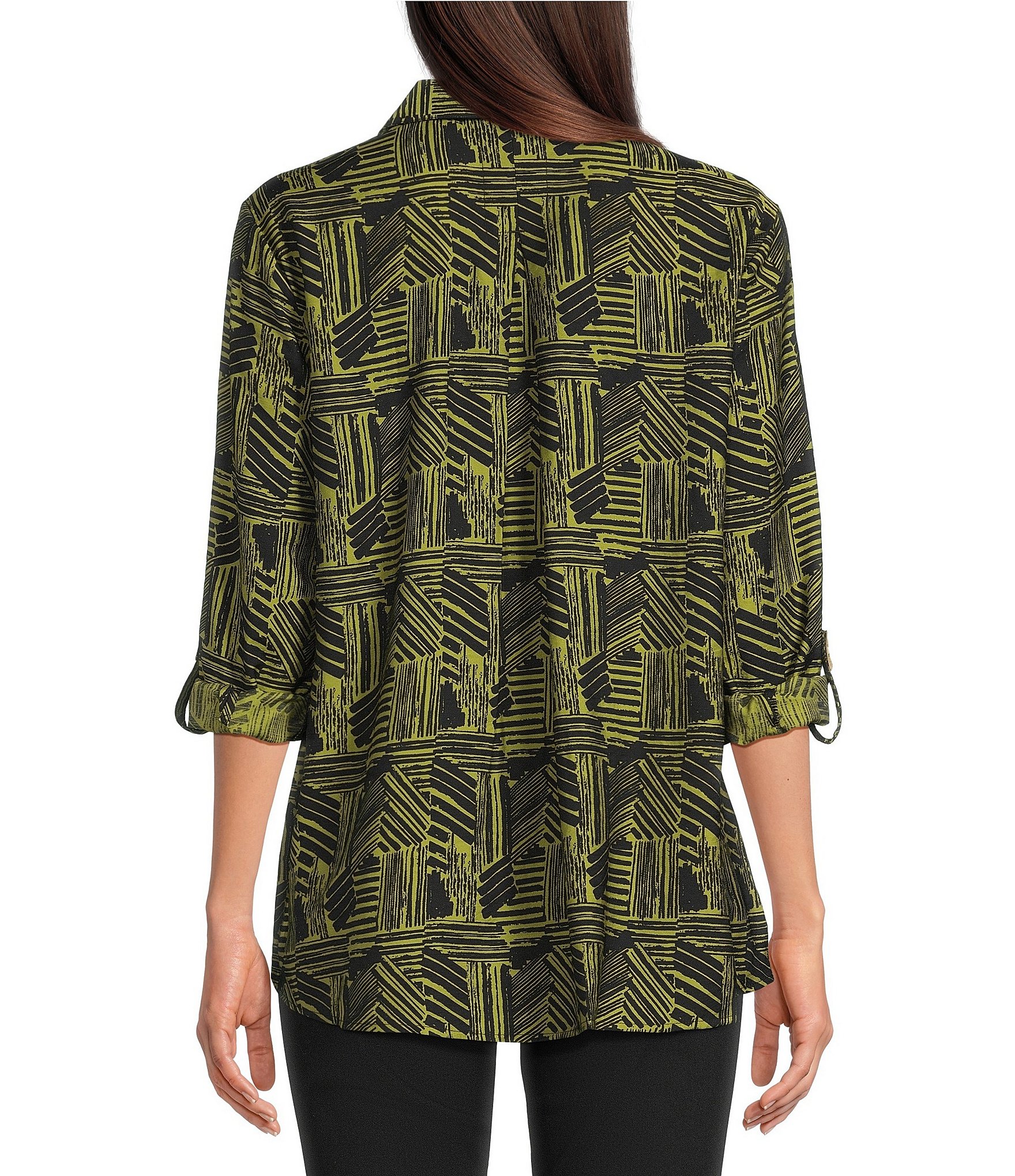 Ali Miles Woven Printed Point Collar 3/4 Roll-Tab Sleeve Button Front Tunic