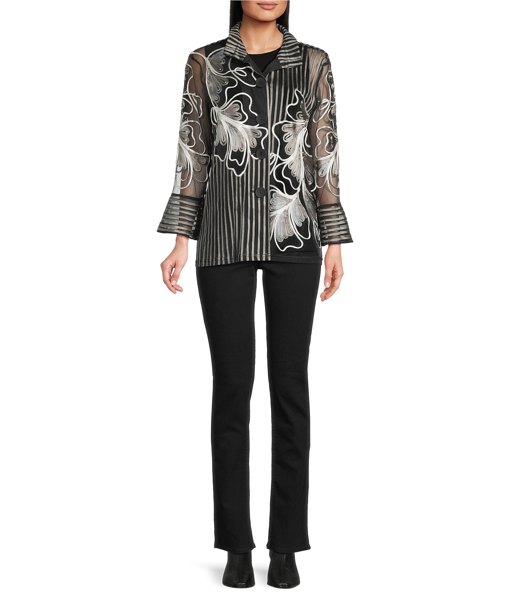 Ali Miles Woven Satin Soutache Leaf Stripe Wire Collar 3/4 Sleeve Button-Front Tunic