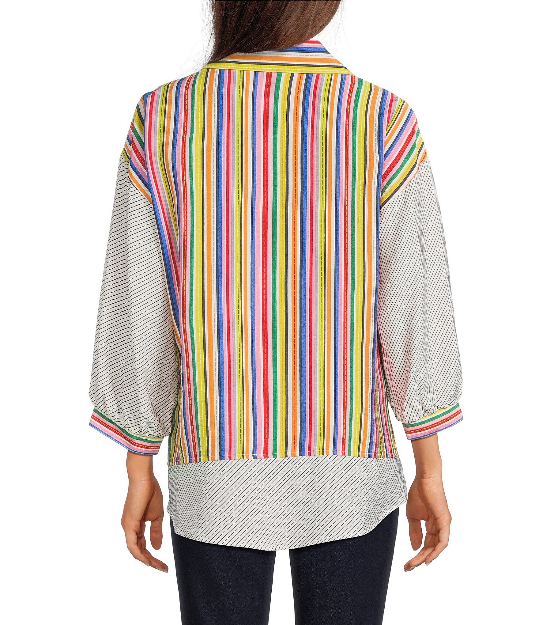 Ali Miles Woven Solid Multi Stripe Point Collar 3/4 Sleeve High-Low Hem Button-Front Shirt