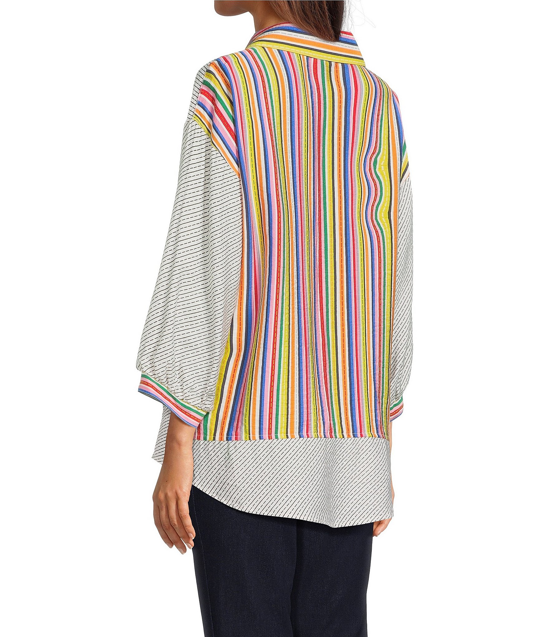 Ali Miles Woven Solid Multi Stripe Point Collar 3/4 Sleeve High-Low Hem Button-Front Shirt