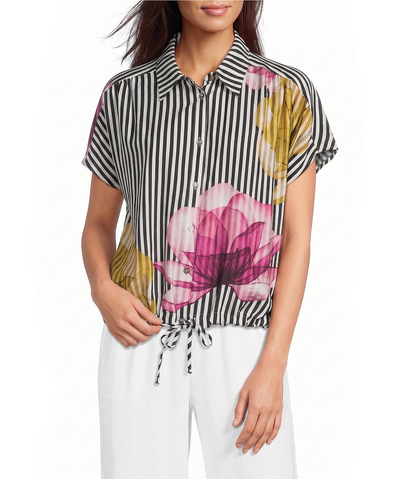 Ali Miles Woven Stripe Floral Point Collar Short Dolman Sleeve Drawstring Hem Button-Front Shirt
