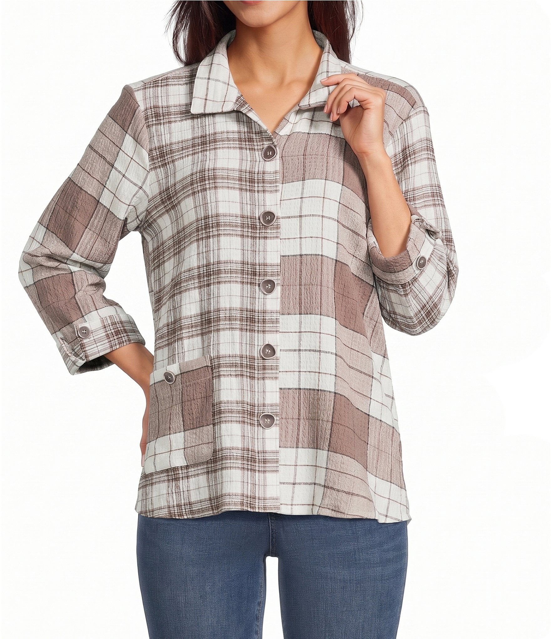 Ali Miles Woven Textured Mix Plaid Wire Collar 3/4 Sleeve Tunic