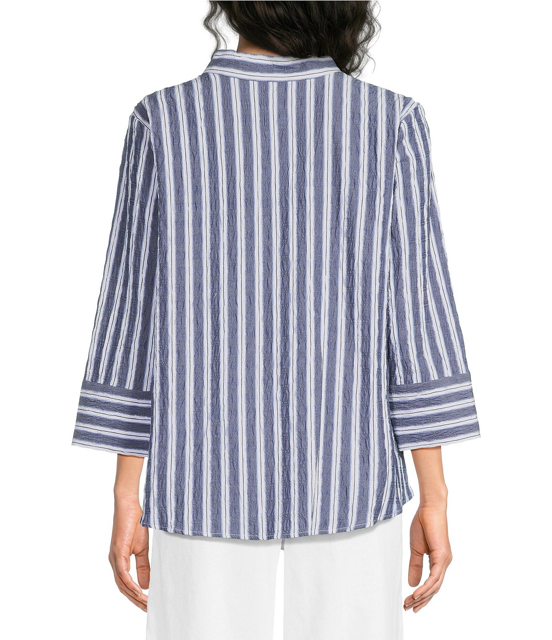 Ali Miles Woven Textured Stripe Banded Collar 3/4 Sleeve Top
