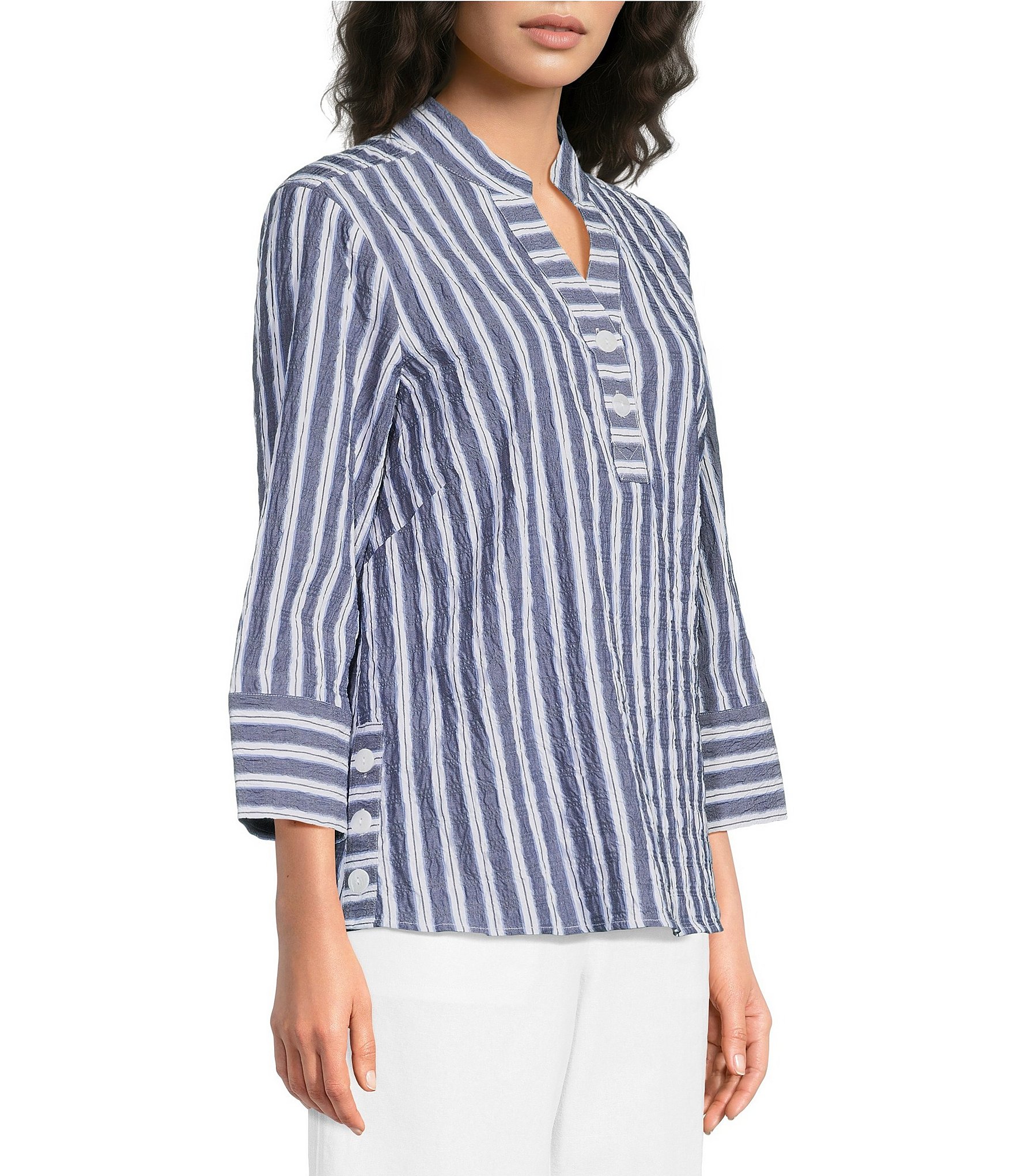 Ali Miles Woven Textured Stripe Banded Collar 3/4 Sleeve Top