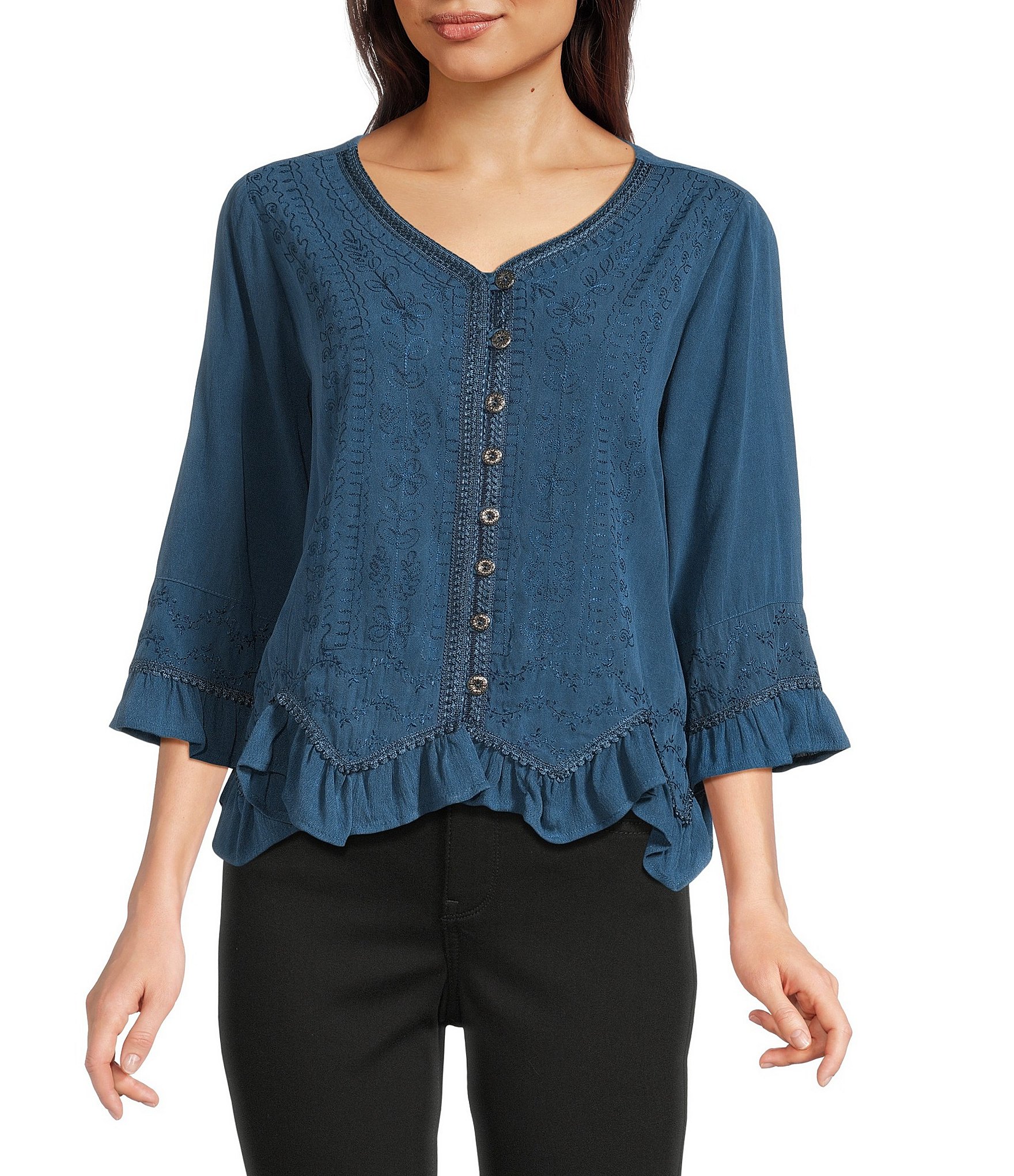 Ali Miles Woven V-Neck 3/4 Sleeve Button Front Shirt