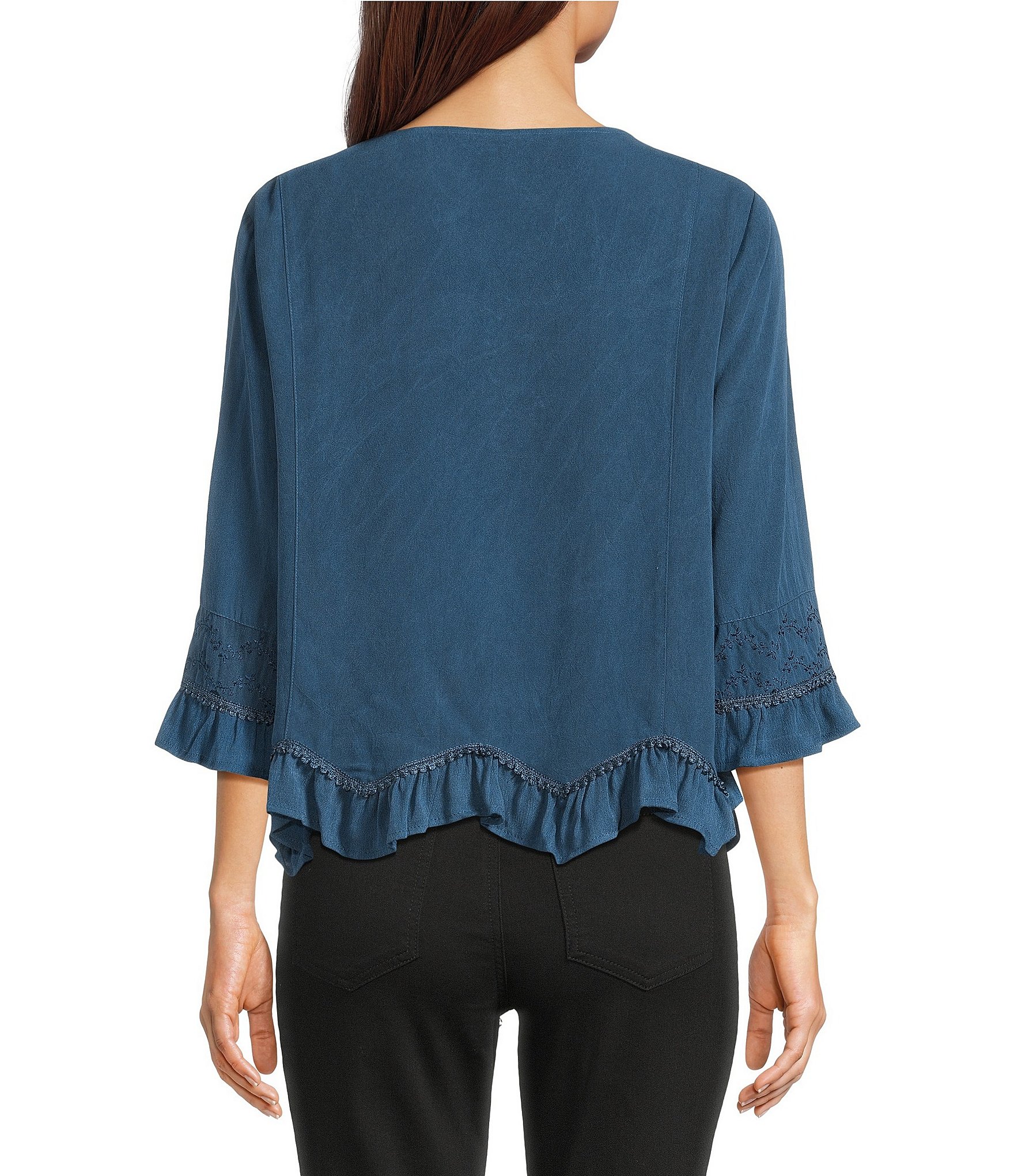 Ali Miles Woven V-Neck 3/4 Sleeve Button Front Shirt