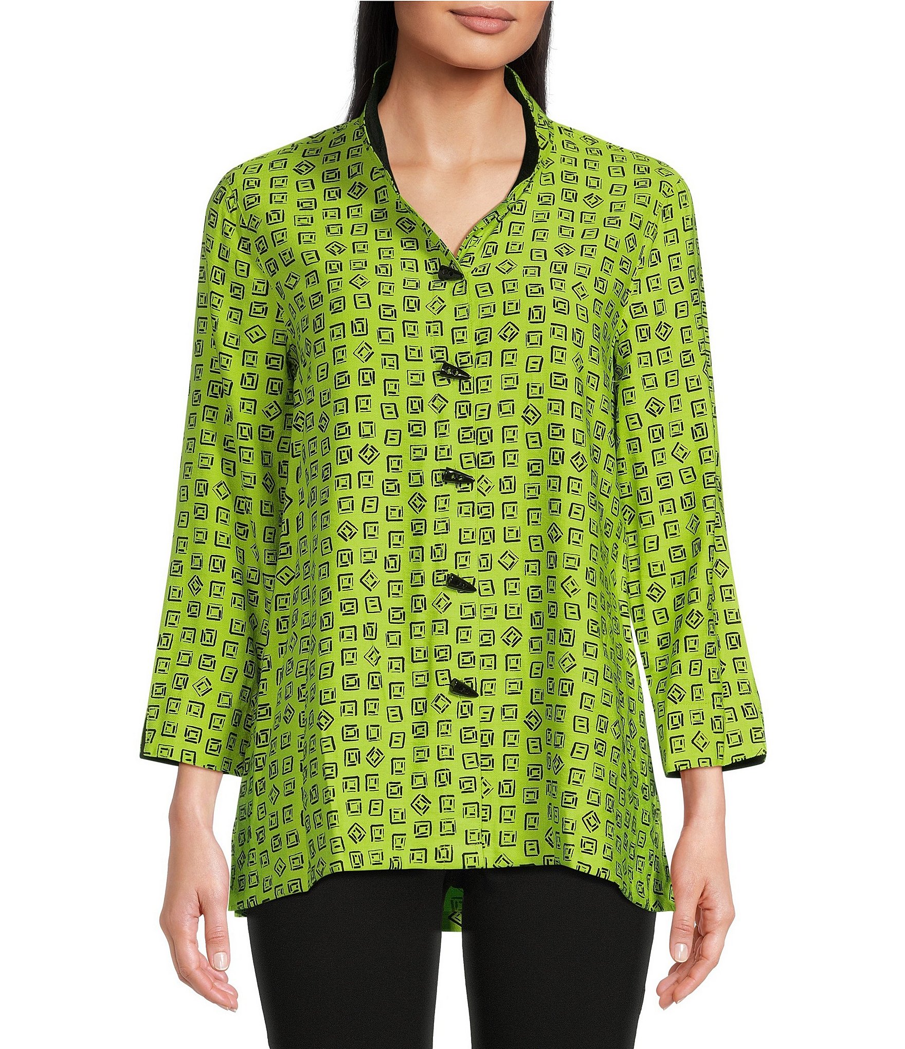 Ali Miles Woven Wire Collar 3/4 Sleeve Button-Front Printed Tunic |  Dillard's