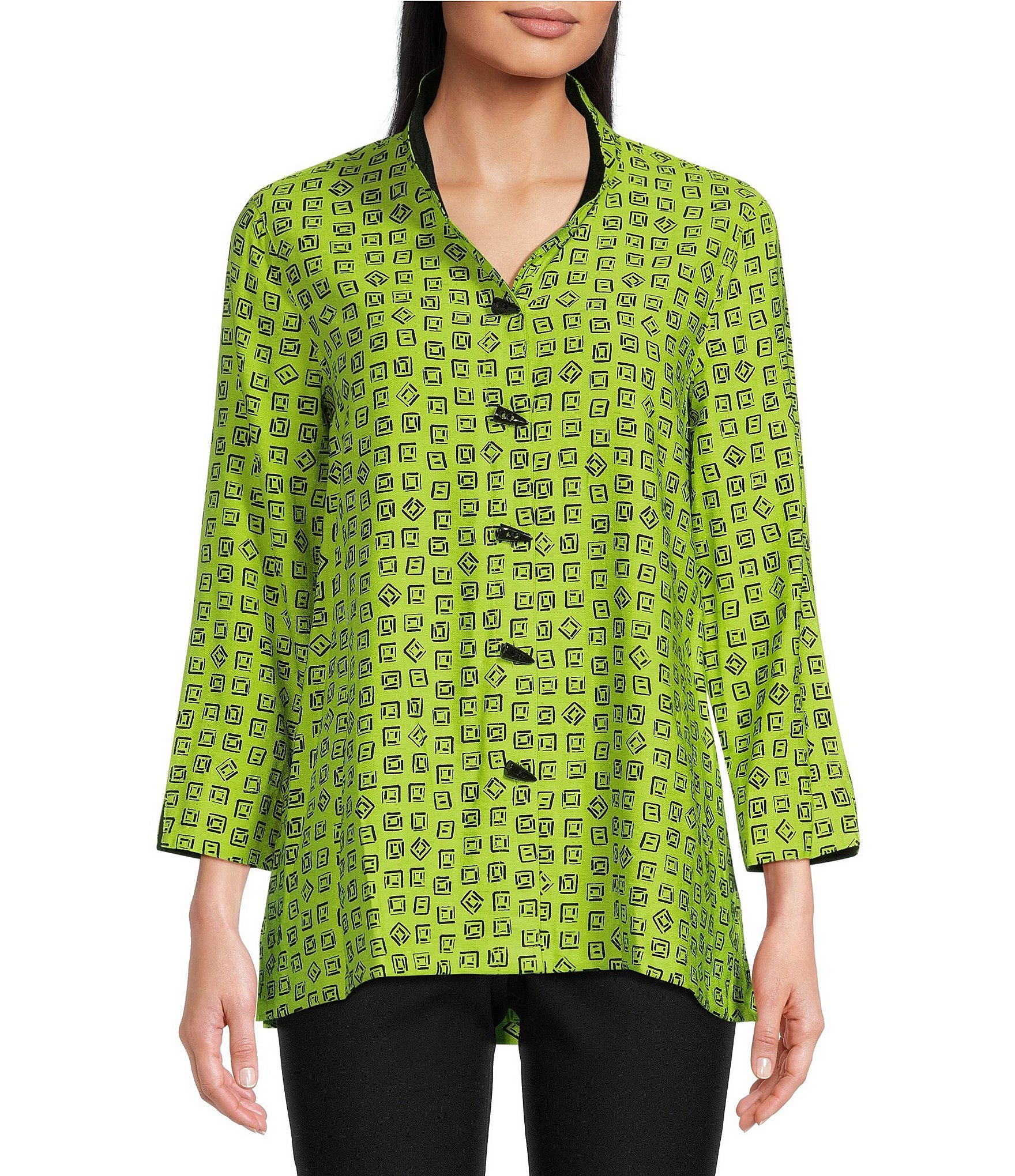 Ali Miles Woven Wire Collar 3/4 Sleeve Button-Front Printed Tunic ...