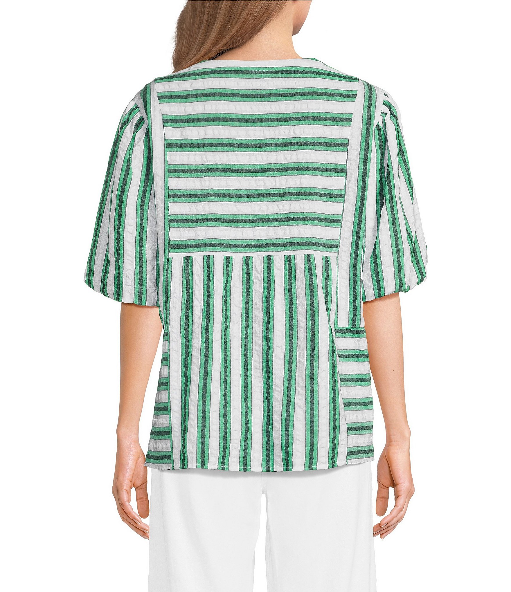 Ali Miles Woven Yarn-Dye Stripe Split V-Neck Elbow Length Bubble Sleeve Pullover Top