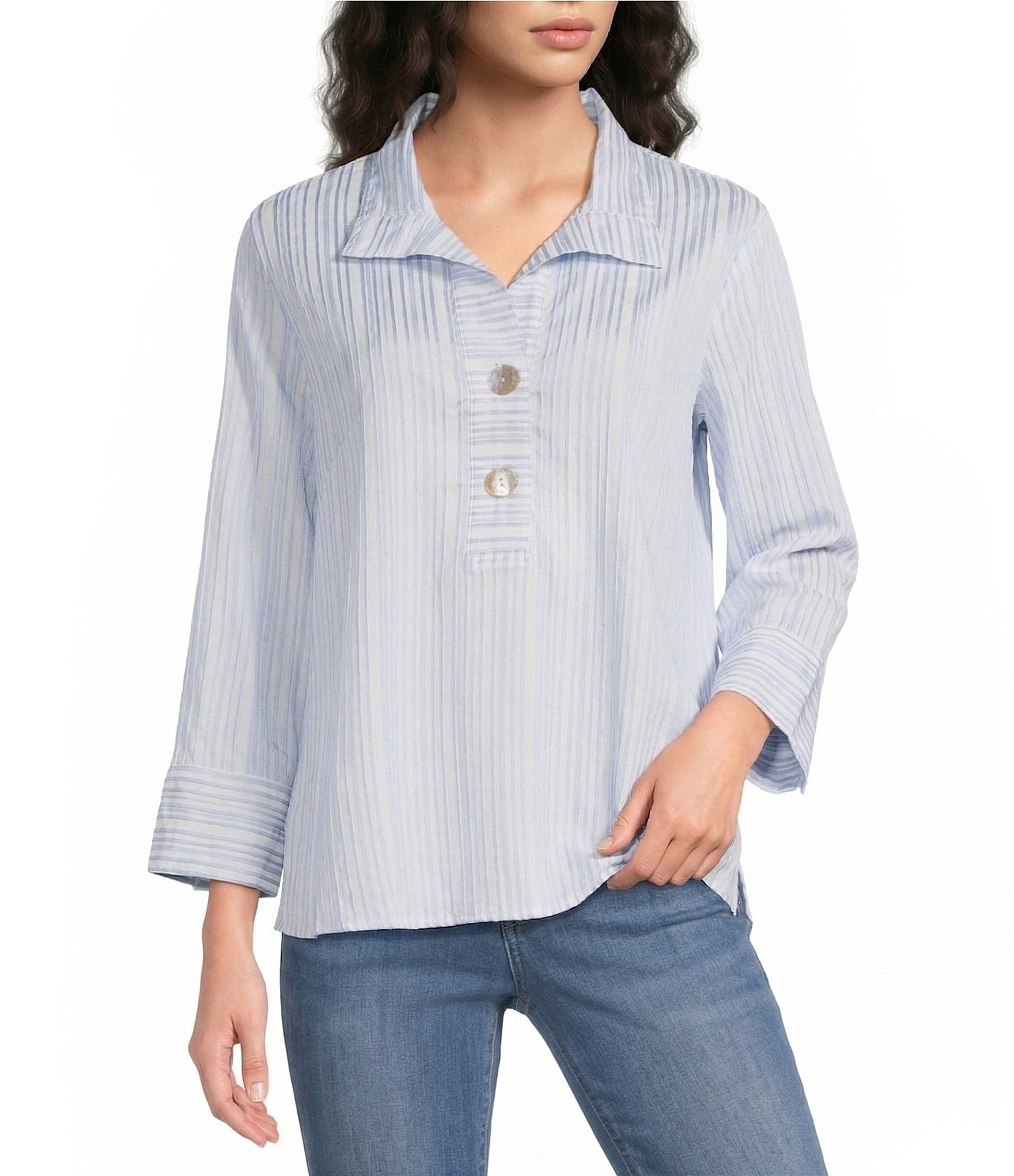 Ali Miles Woven Yarn-Dyed Stripe Wire Collar 3/4 Sleeve Button Front Placket Shirt