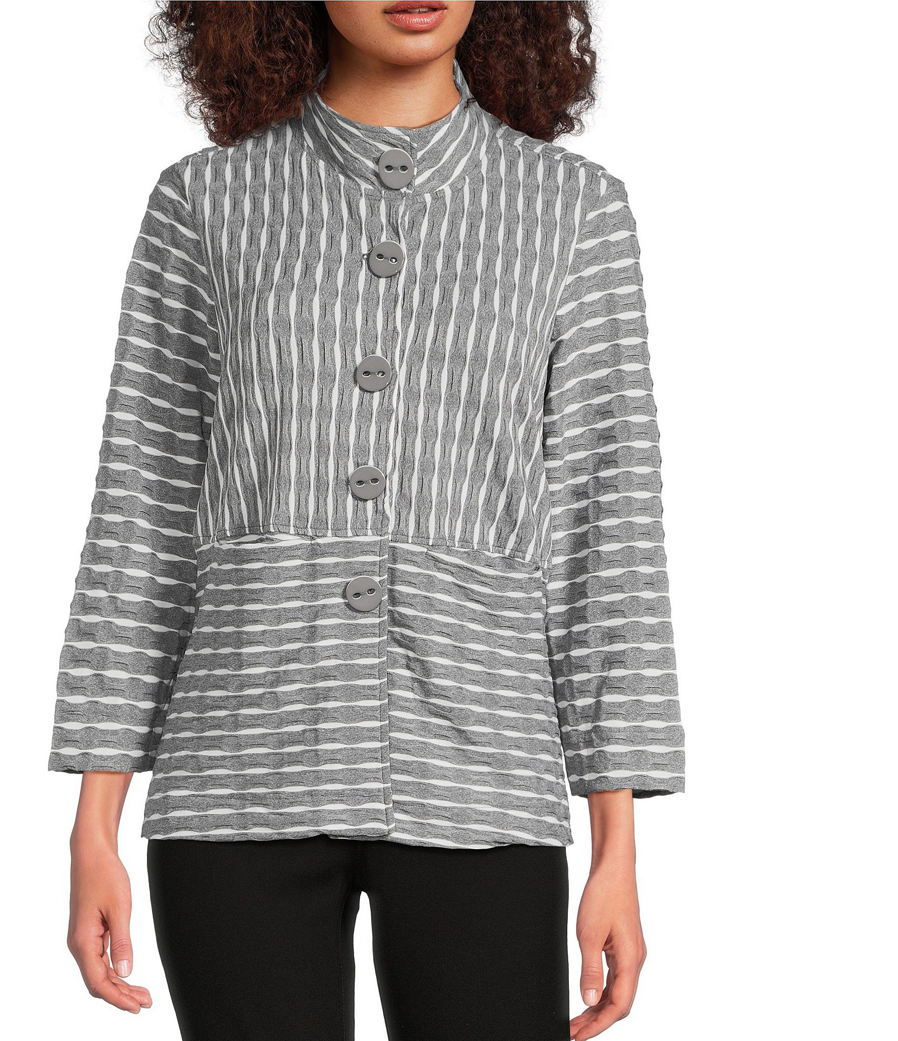 Ali Miles Yarn-Dye Jacquard Knit Striped Point Collar Long Sleeve Button Front Top