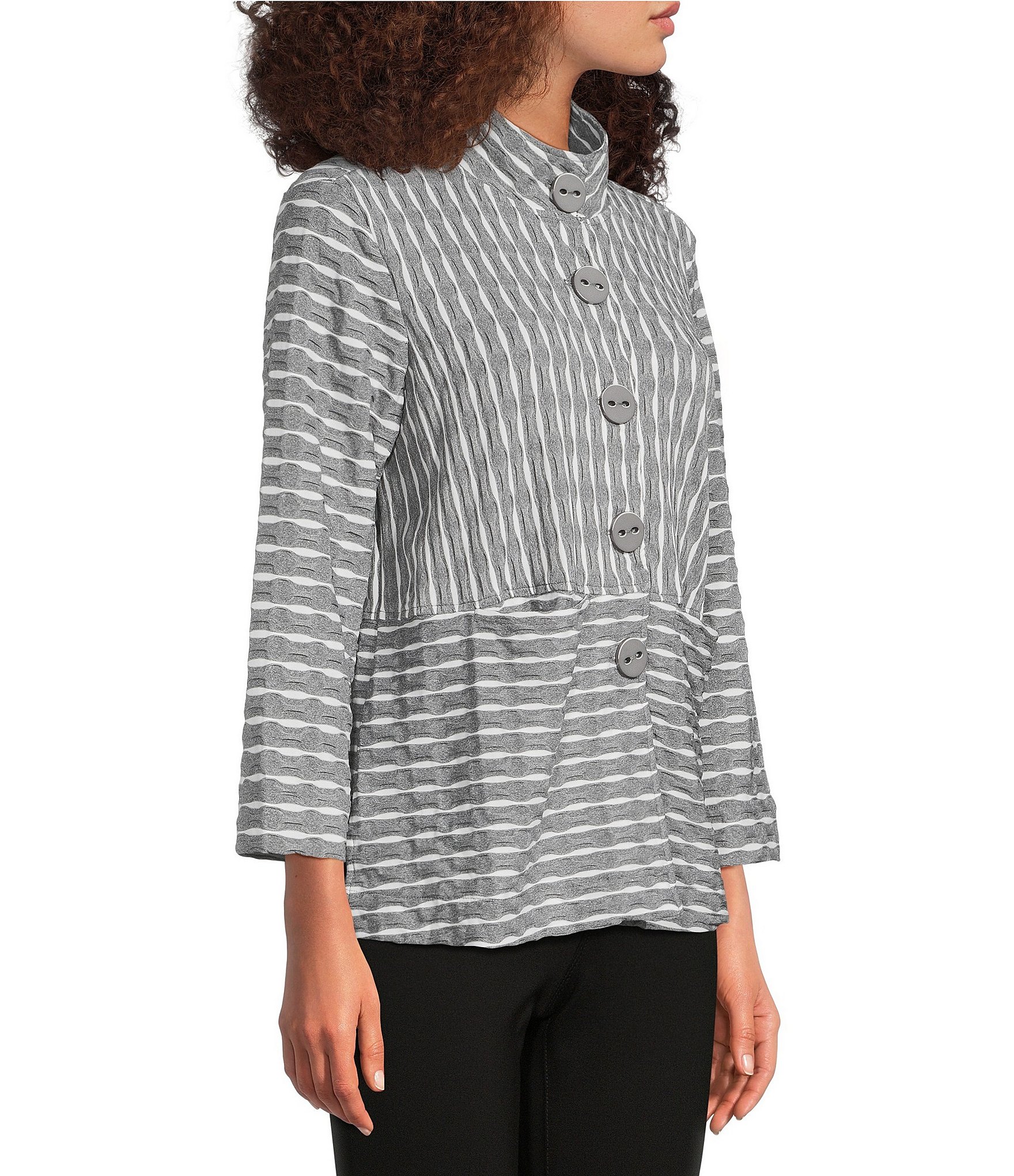 Ali Miles Yarn-Dye Jacquard Knit Striped Point Collar Long Sleeve Button Front Top