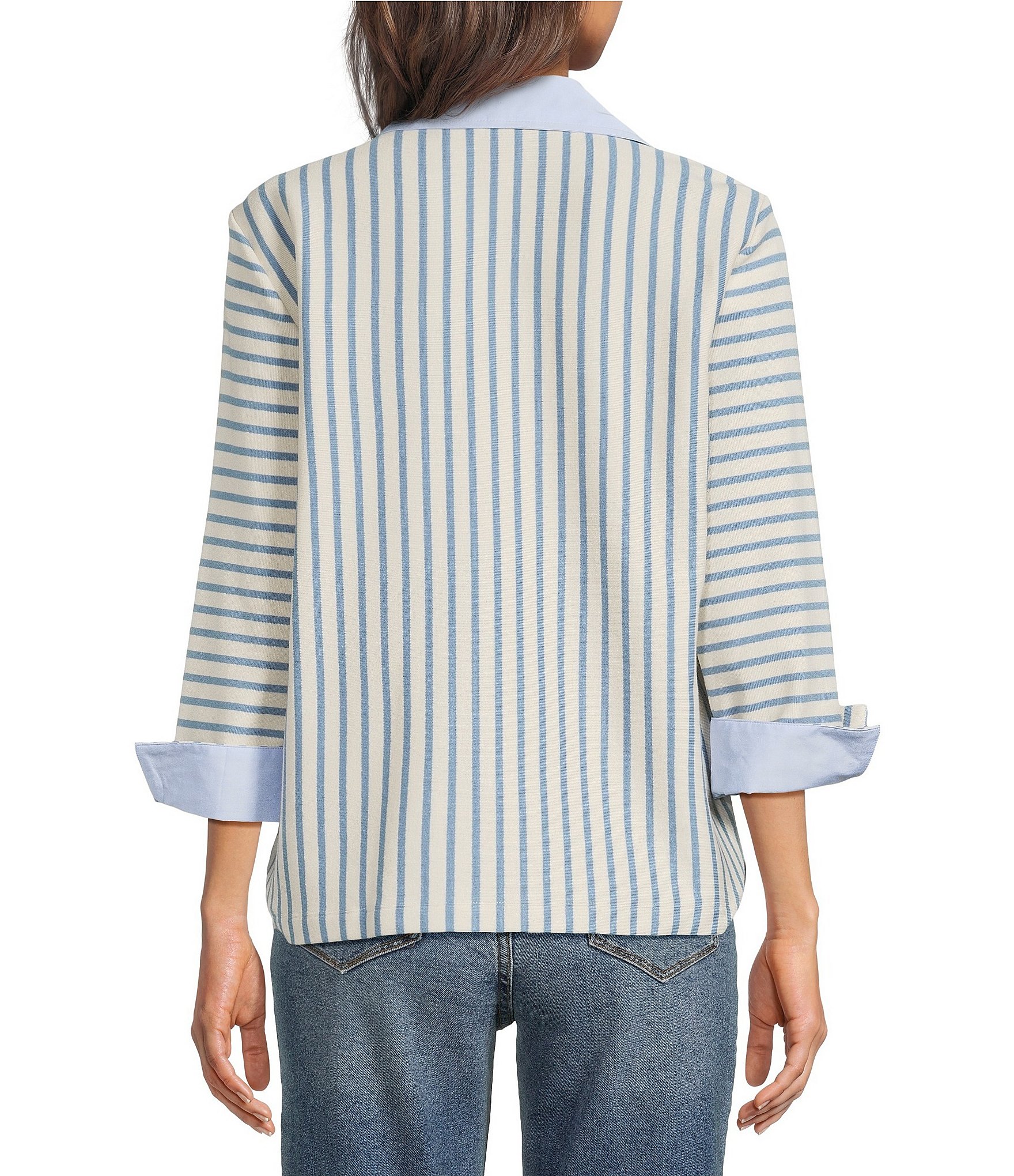 Ali Miles Yarn-Dyed Stripe Collared Split V-Neck Long Sleeve Tunic