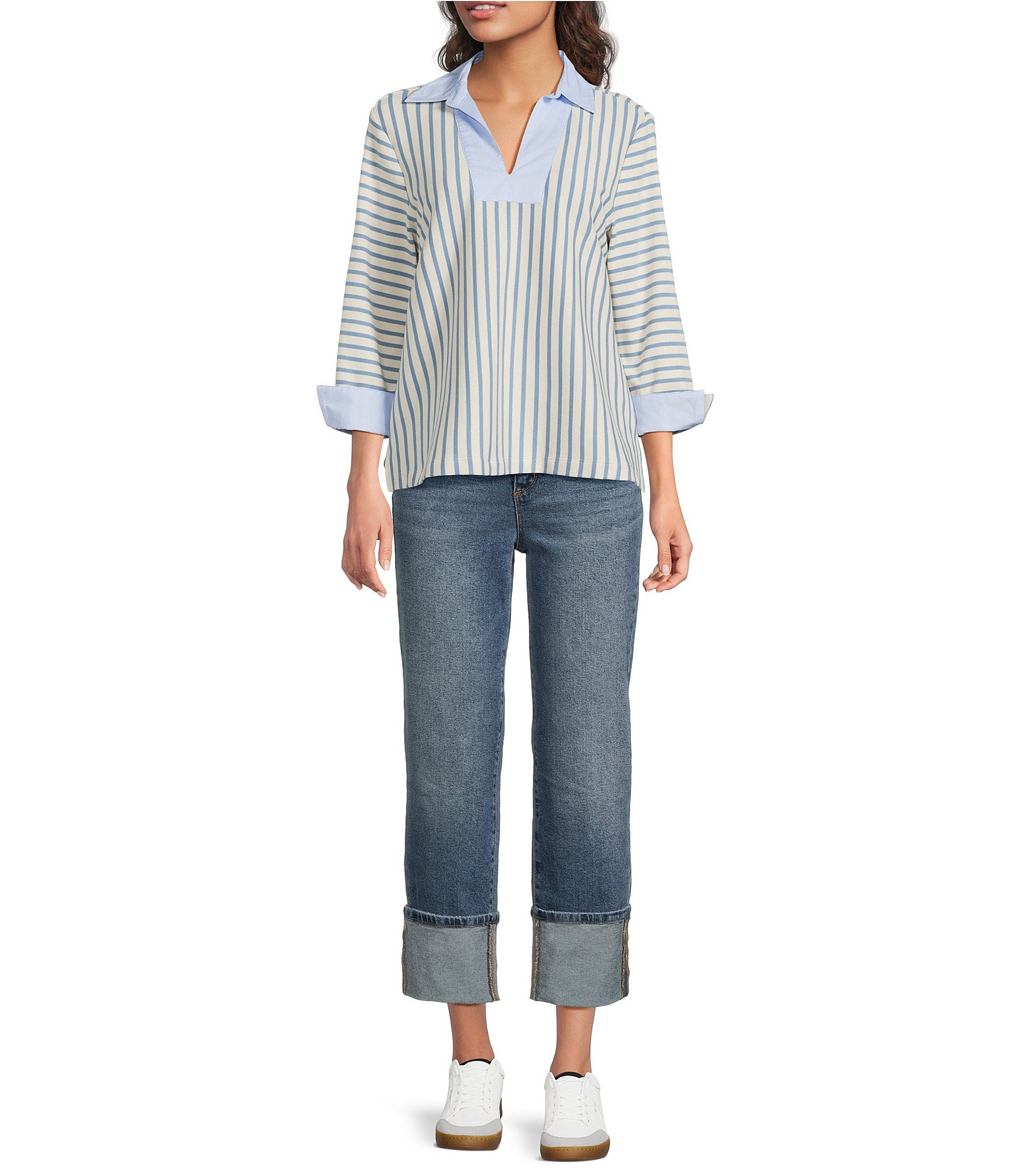 Ali Miles Yarn-Dyed Stripe Collared Split V-Neck Long Sleeve Tunic