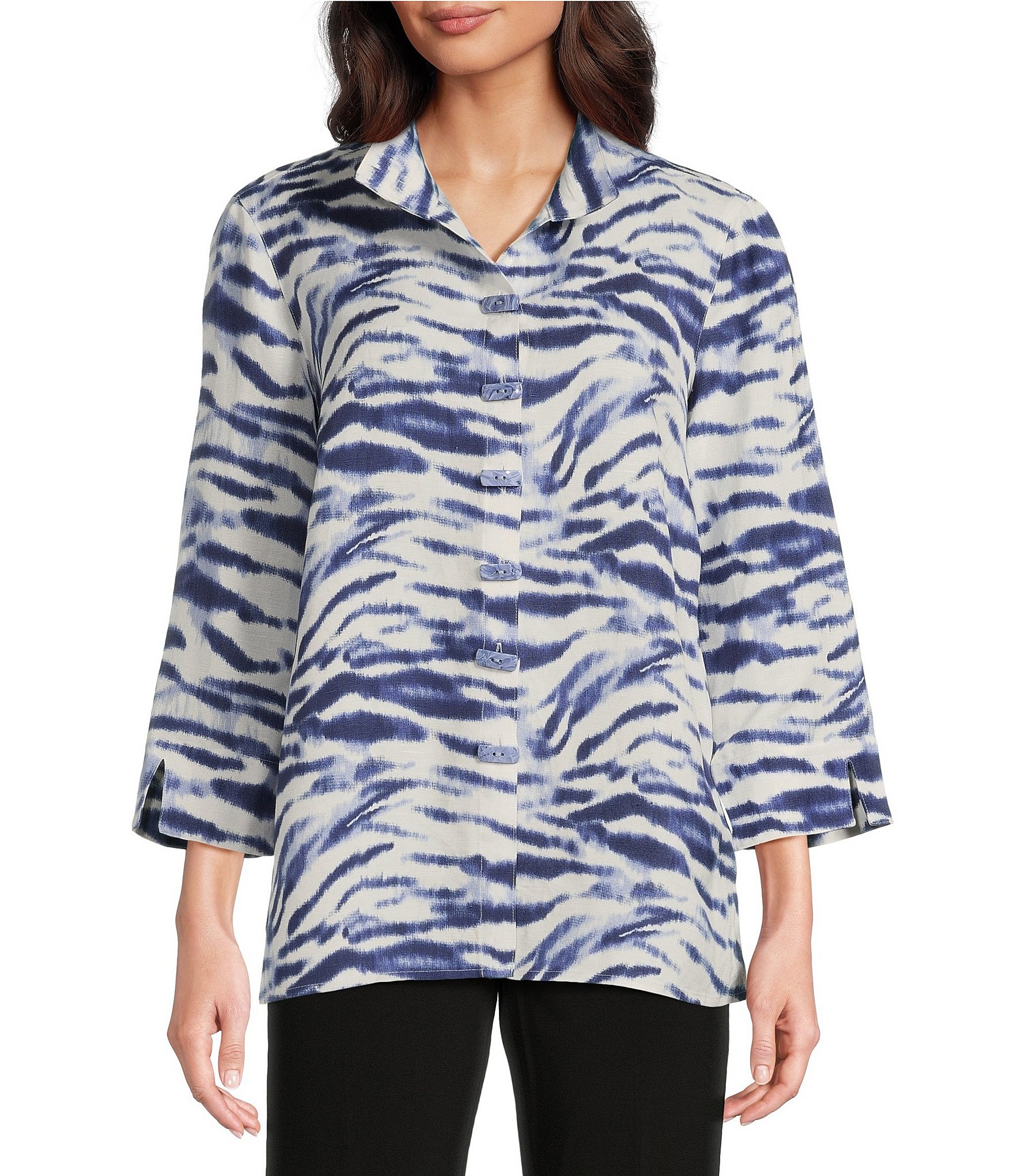 Ali Miles Zebra Print Wire Collar 3/4 Sleeve Button Front Tunic