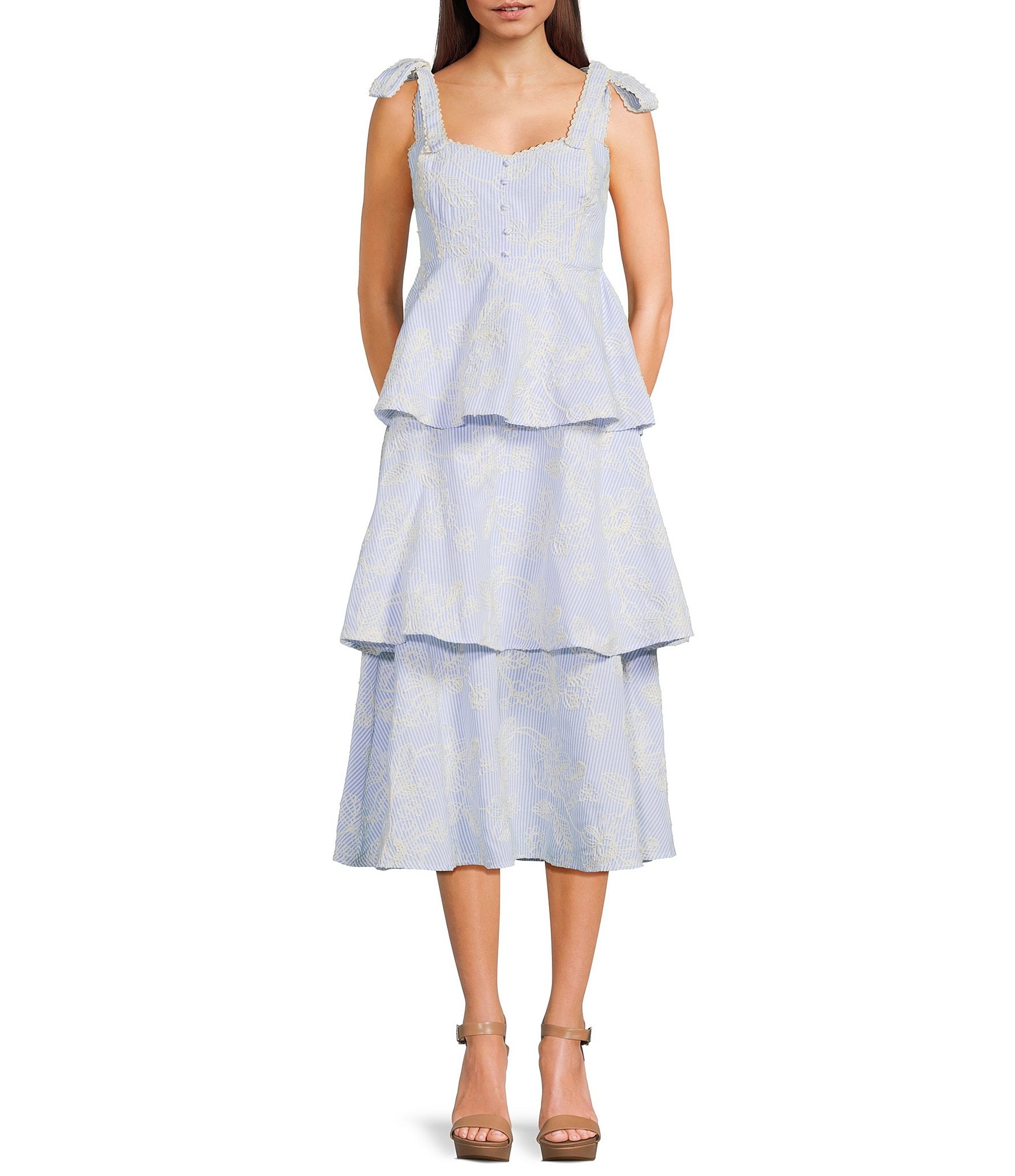 All in Favor Tie Shoulder Embroidered Tier Midi Dress