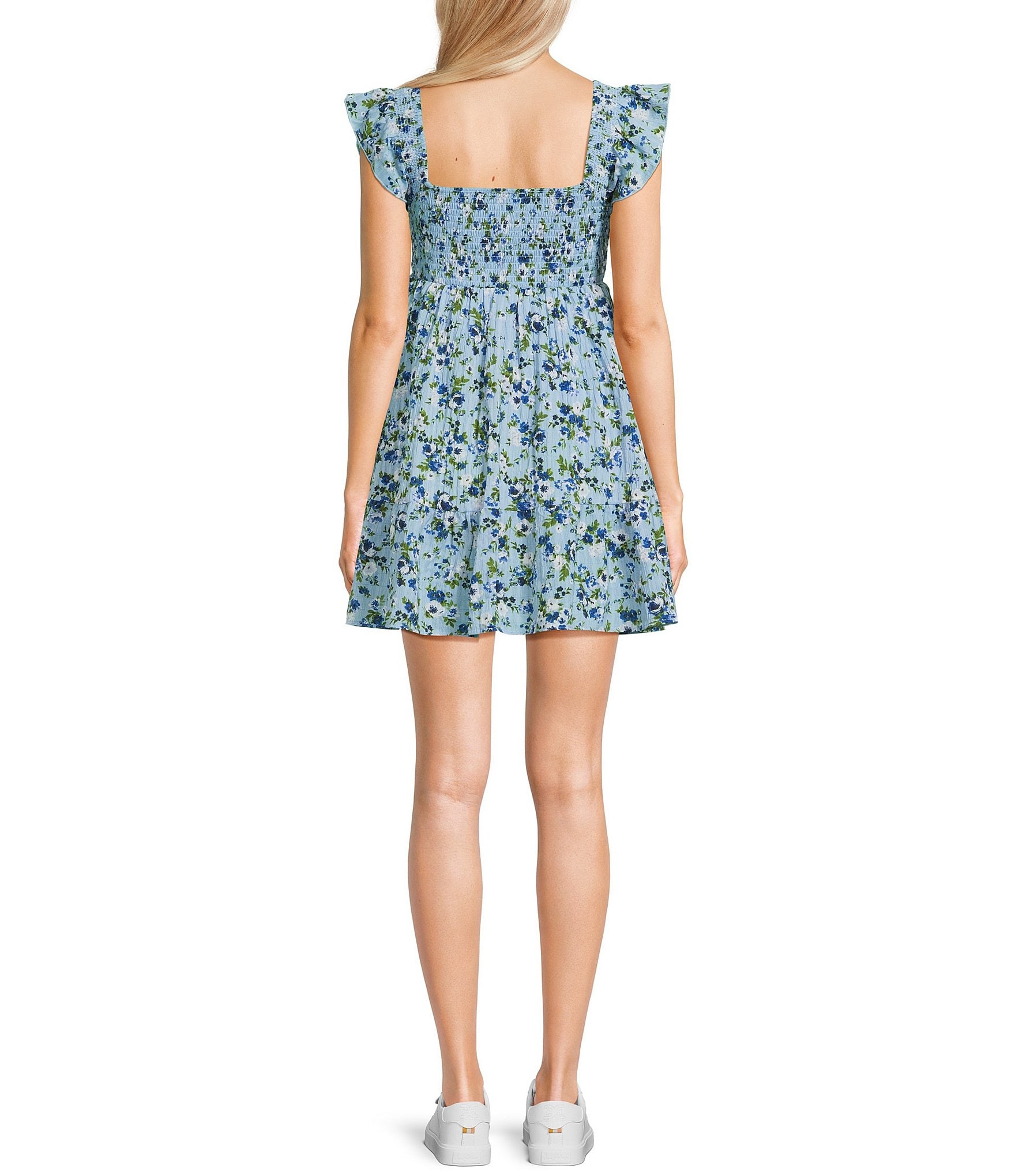 Allison & Kelly Floral Print V-Neck Flutter Sleeve Smocked Bodice Empire Waist Babydoll Dress