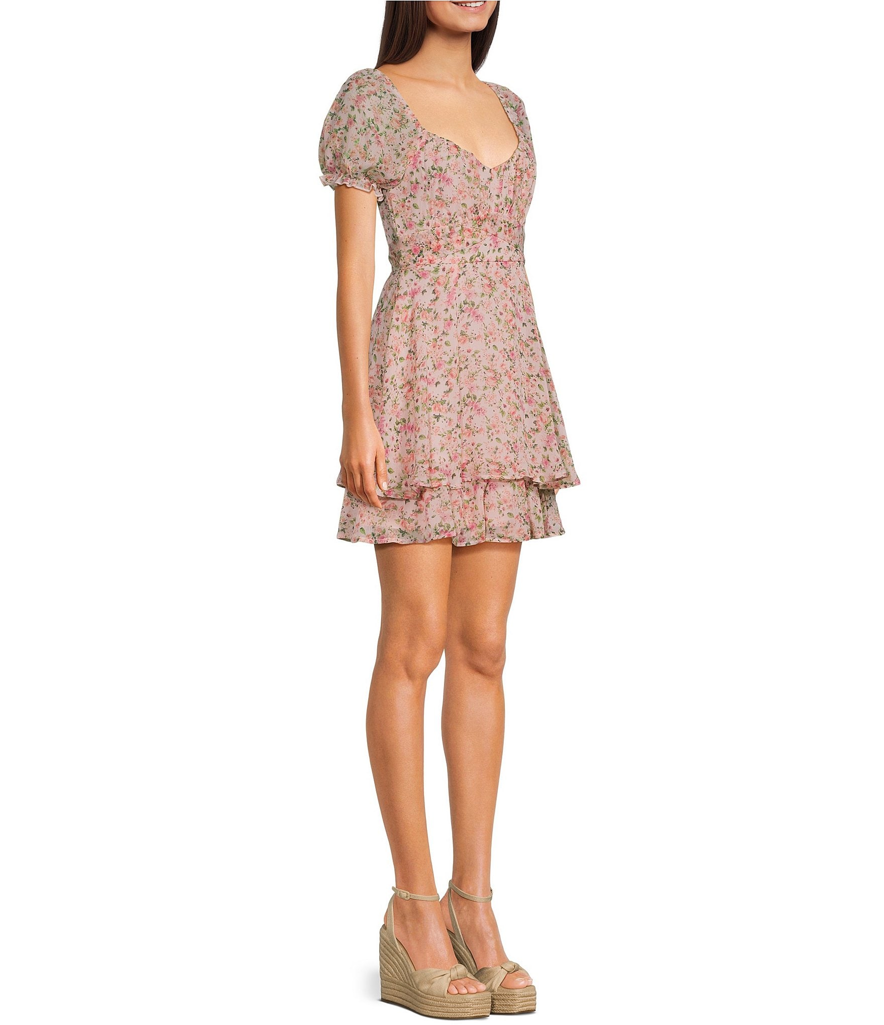 Allison & Kelly Floral Printed V-Neck Short Sleeve Cross Waist Fit And Flare Dress