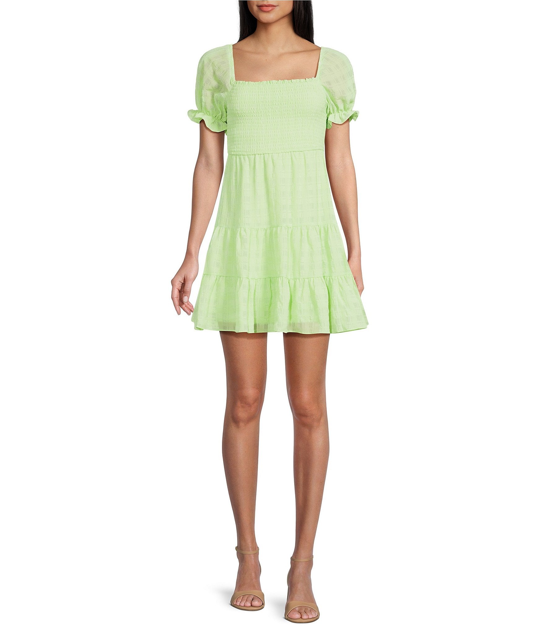 Allison & Kelly Short Sleeves Square Neck Smocked Chiffon Dress | Dillard's