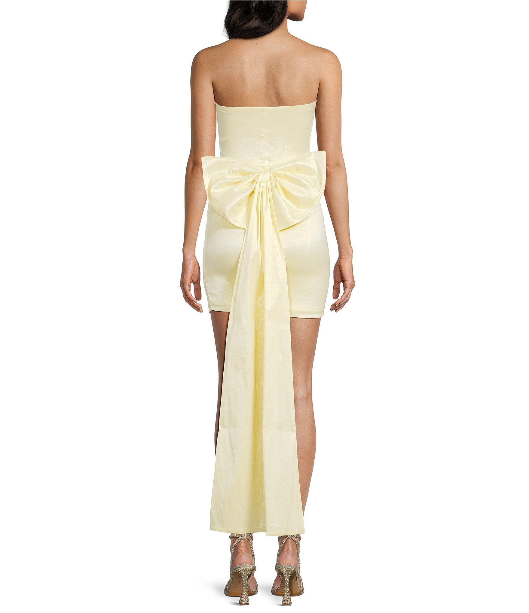 Allison & Kelly Strapless Taffeta Bow Back With Detachable Train Mini Dress