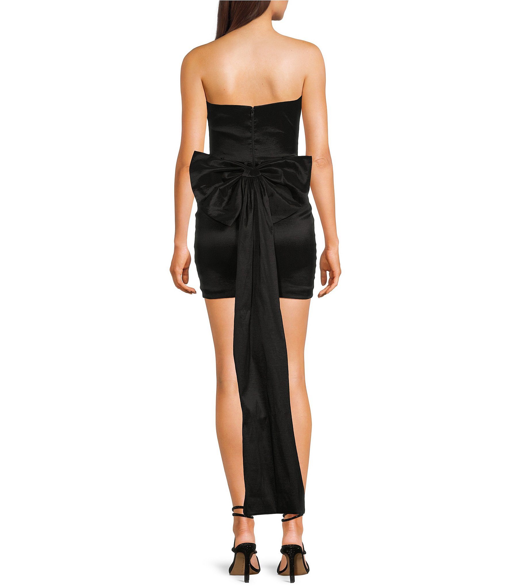 Allison & Kelly Strapless Taffeta Bow Back With Detachable Train Mini Dress
