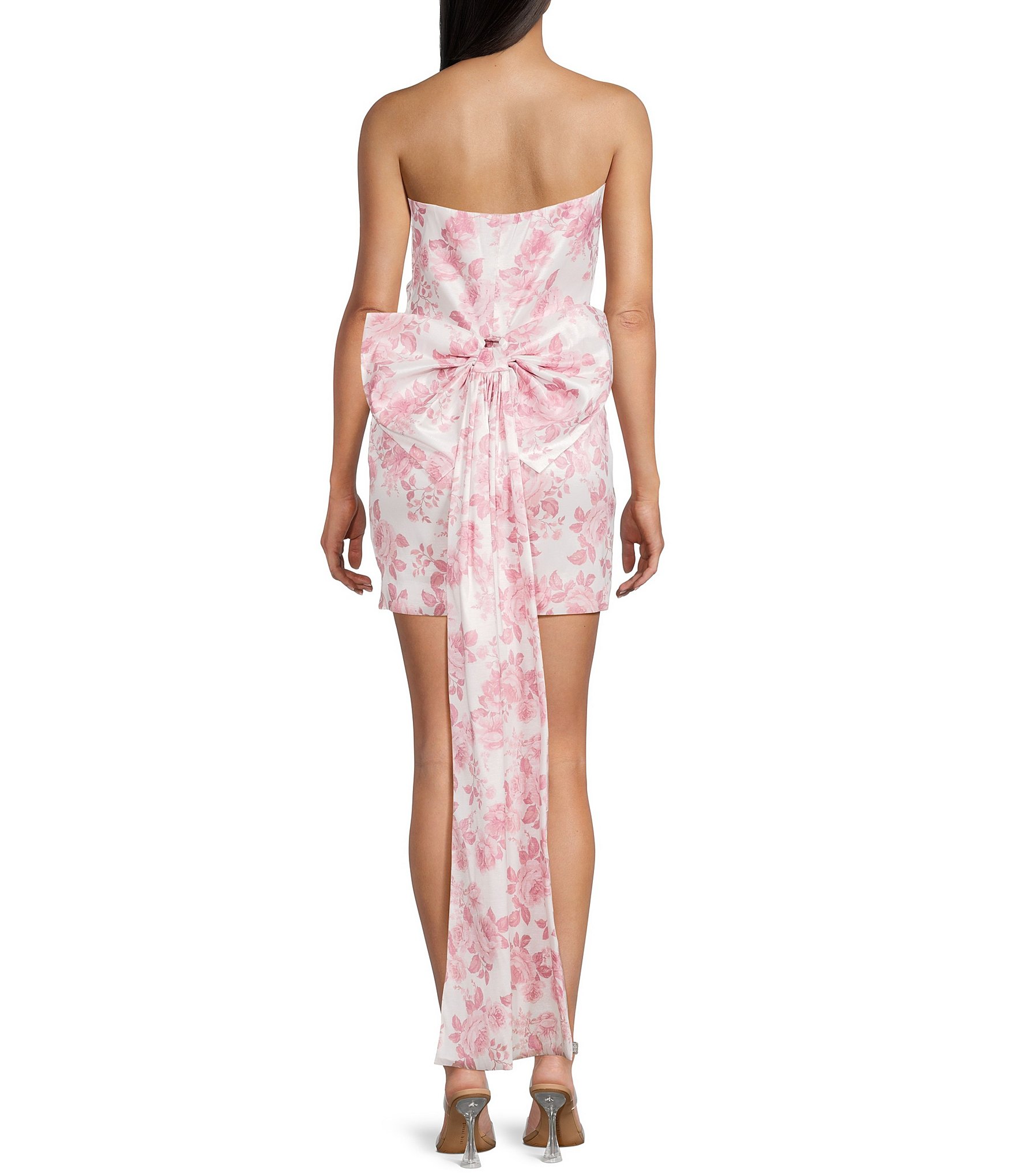 Allison & Kelly Strapless Taffeta Floral Print Bow Back Mini Dress
