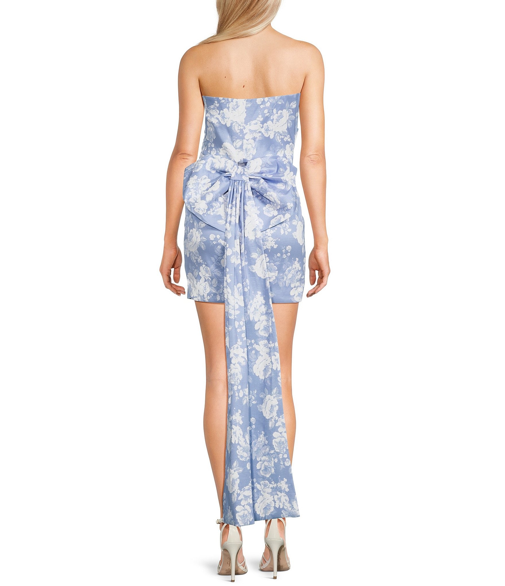 Allison & Kelly Strapless Taffeta Floral Print Bow Back Mini Dress